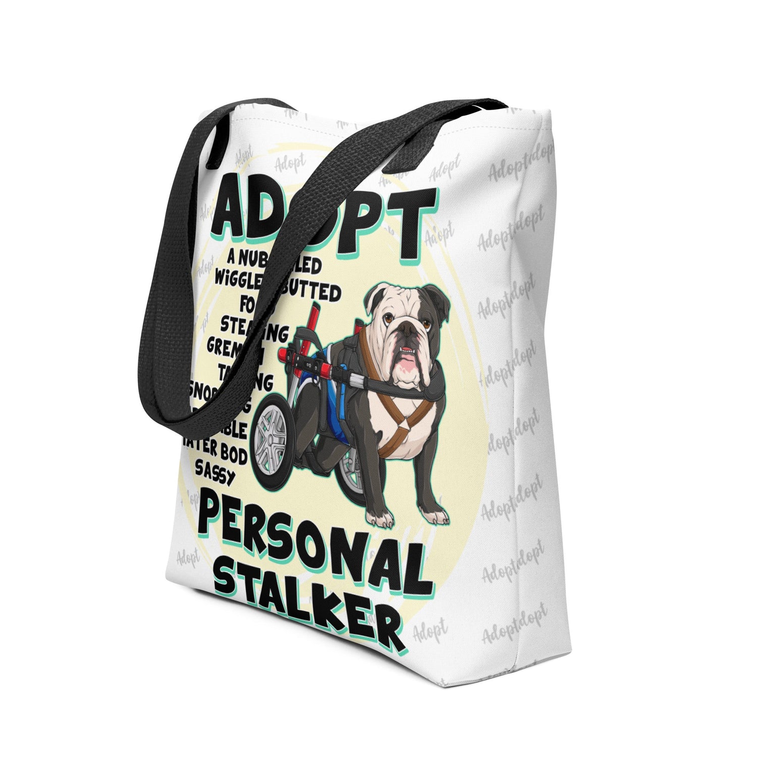 "Adopt A Personal Stalker" Male English Bulldog Tote Bag | B&W Colored with Spina Bifida in Wheelchair