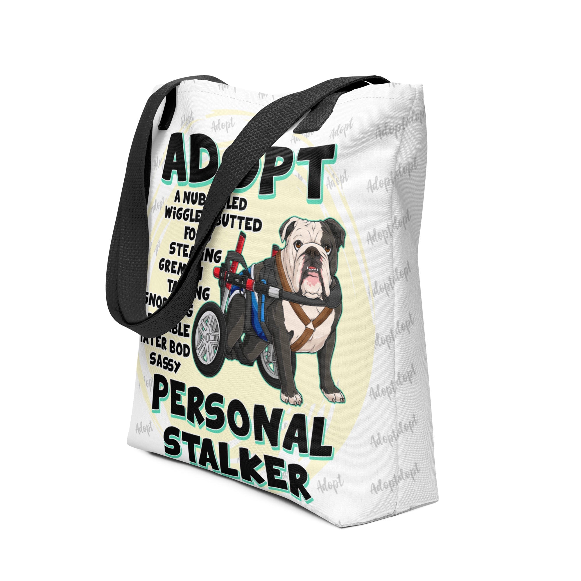 "Adopt A Personal Stalker" Male English Bulldog Tote Bag | B&W Colored with Spina Bifida in Wheelchair