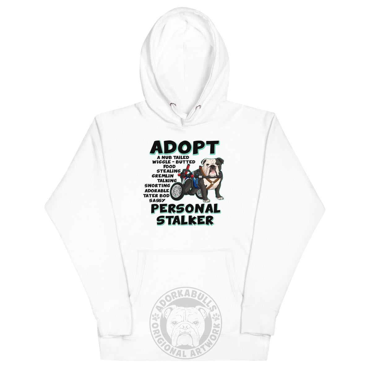 "Adopt A Personal Stalker" Male English Bulldog Tote Bag | B&W Colored with Spina Bifida in Wheelchair