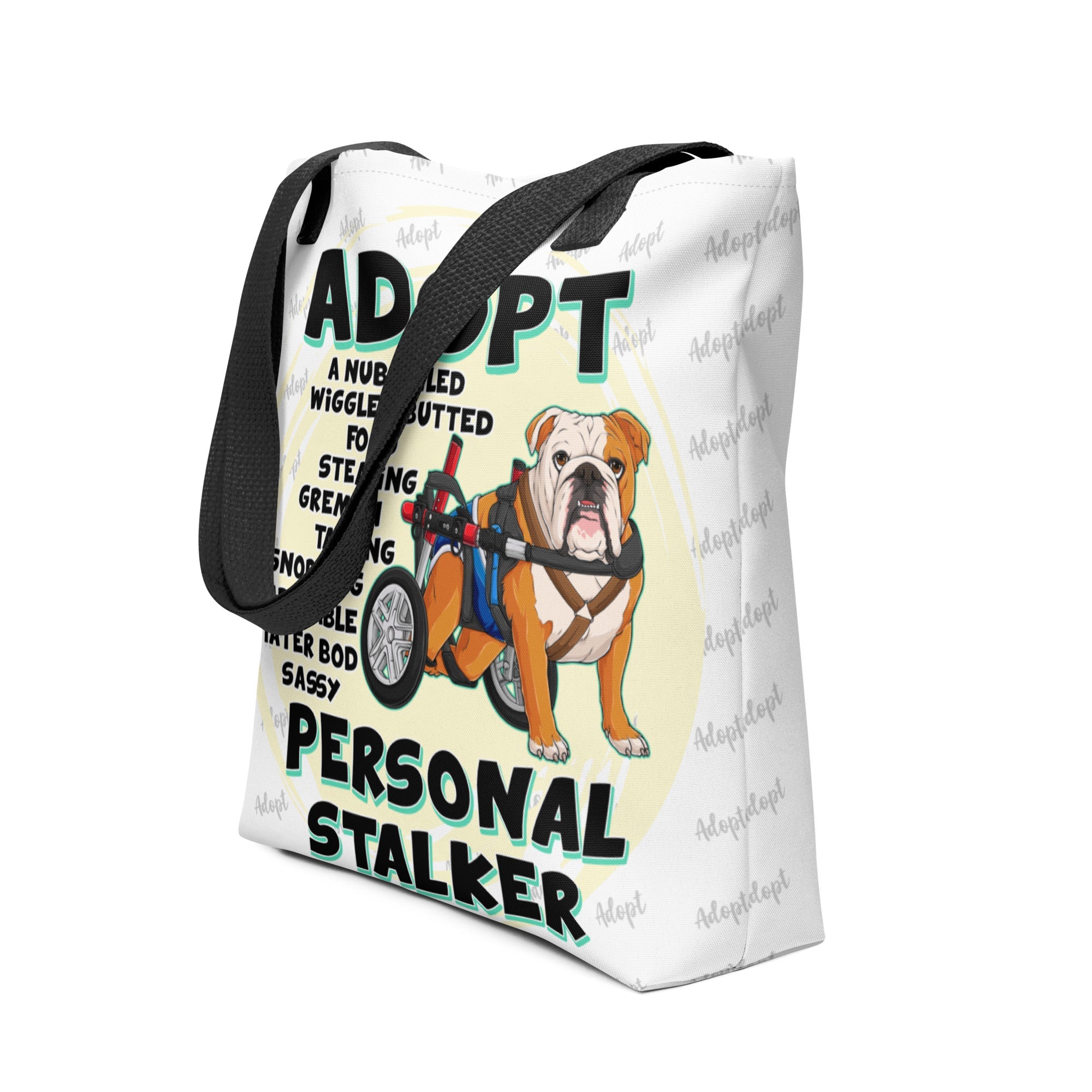 "Adopt A Personal Stalker" Male English Bulldog Tote Bag | Red & White Colored with Spina Bifida in Wheelchair