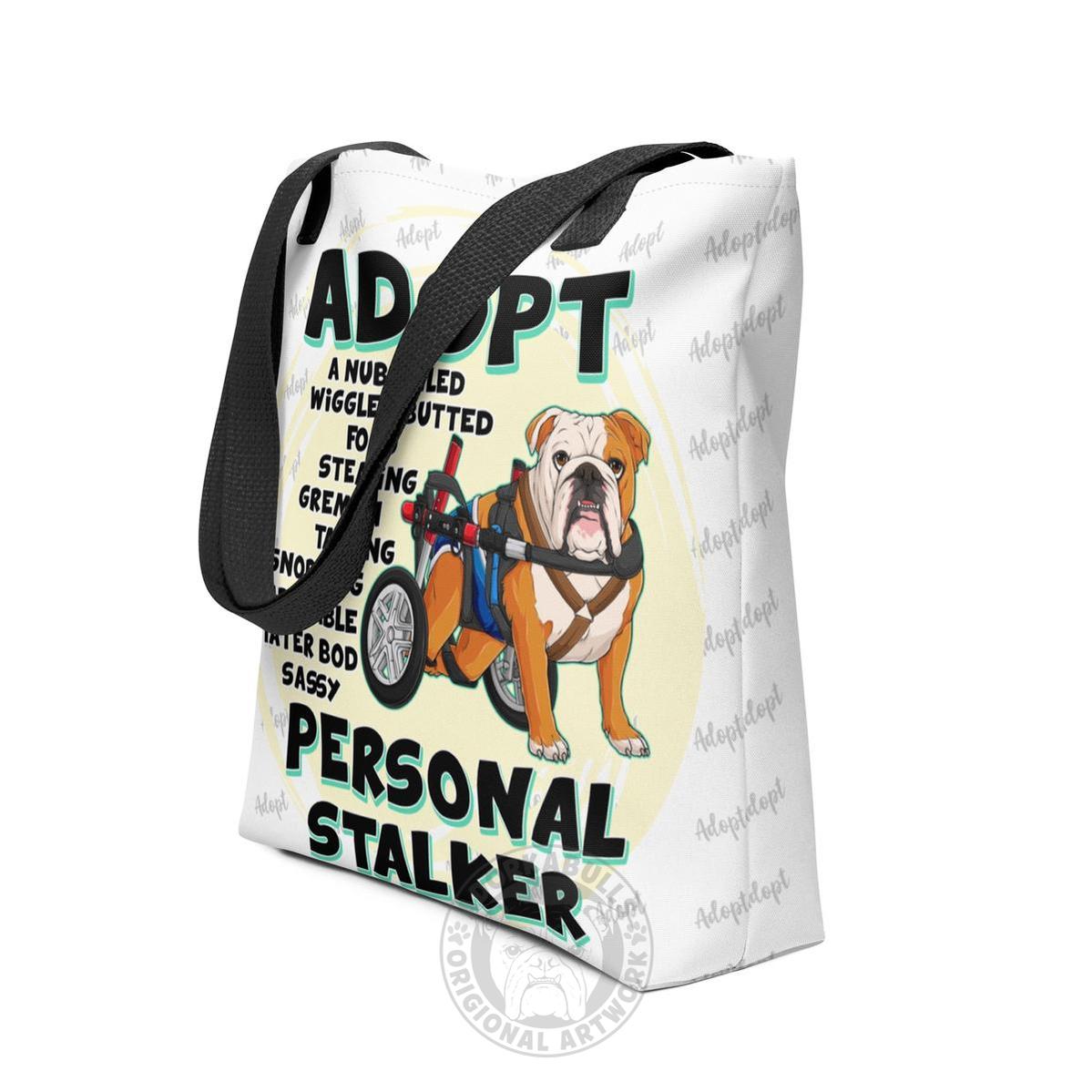 "Adopt A Personal Stalker" Male English Bulldog Tote Bag | Red & White Colored with Spina Bifida in Wheelchair