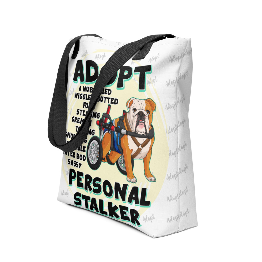 "Adopt A Personal Stalker" Male English Bulldog Tote Bag | Red & White Colored with Spina Bifida in Wheelchair