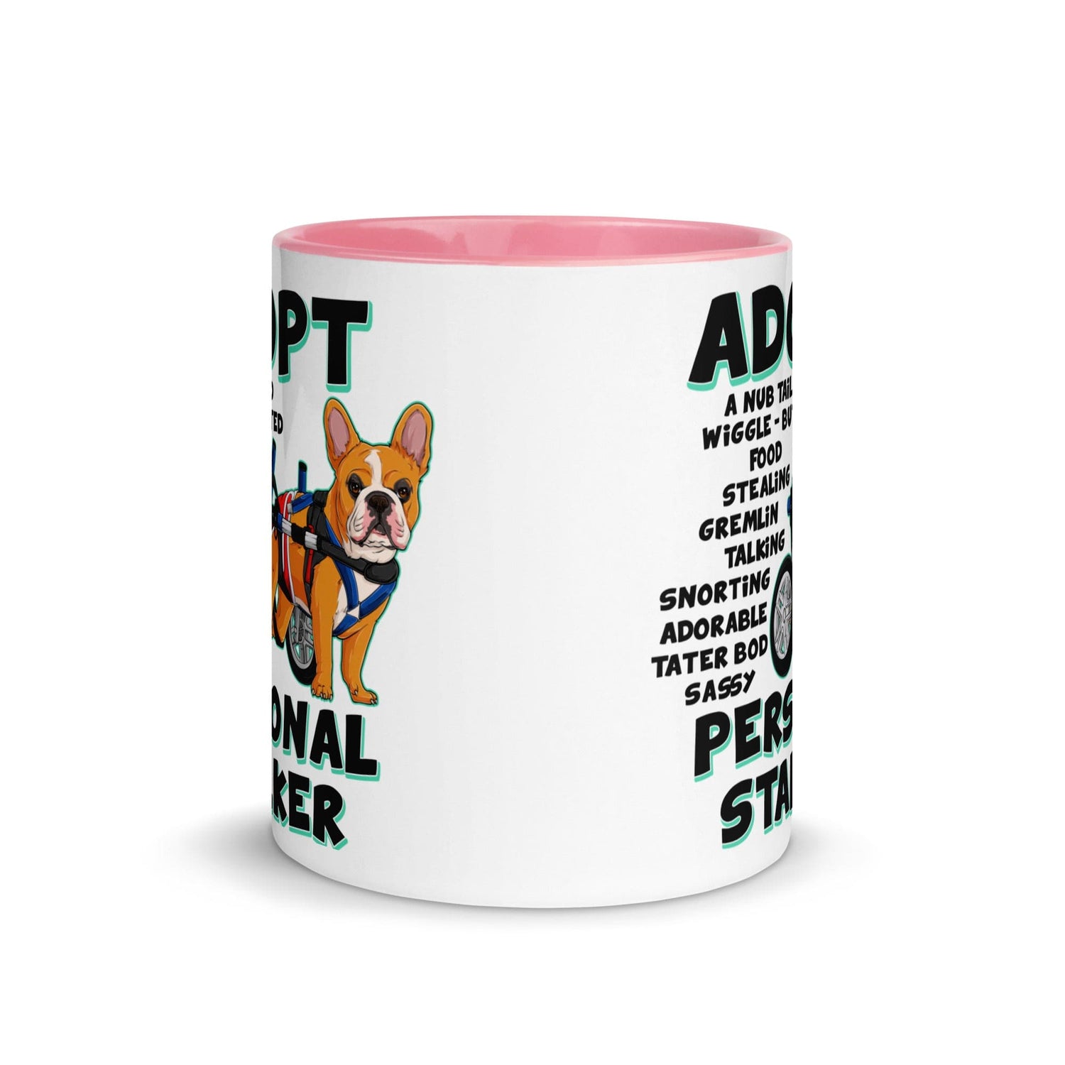 "Adopt A Personal Stalker" Male French Bulldog Mug | Red & White Colored with Spina Bifida in Wheelchair