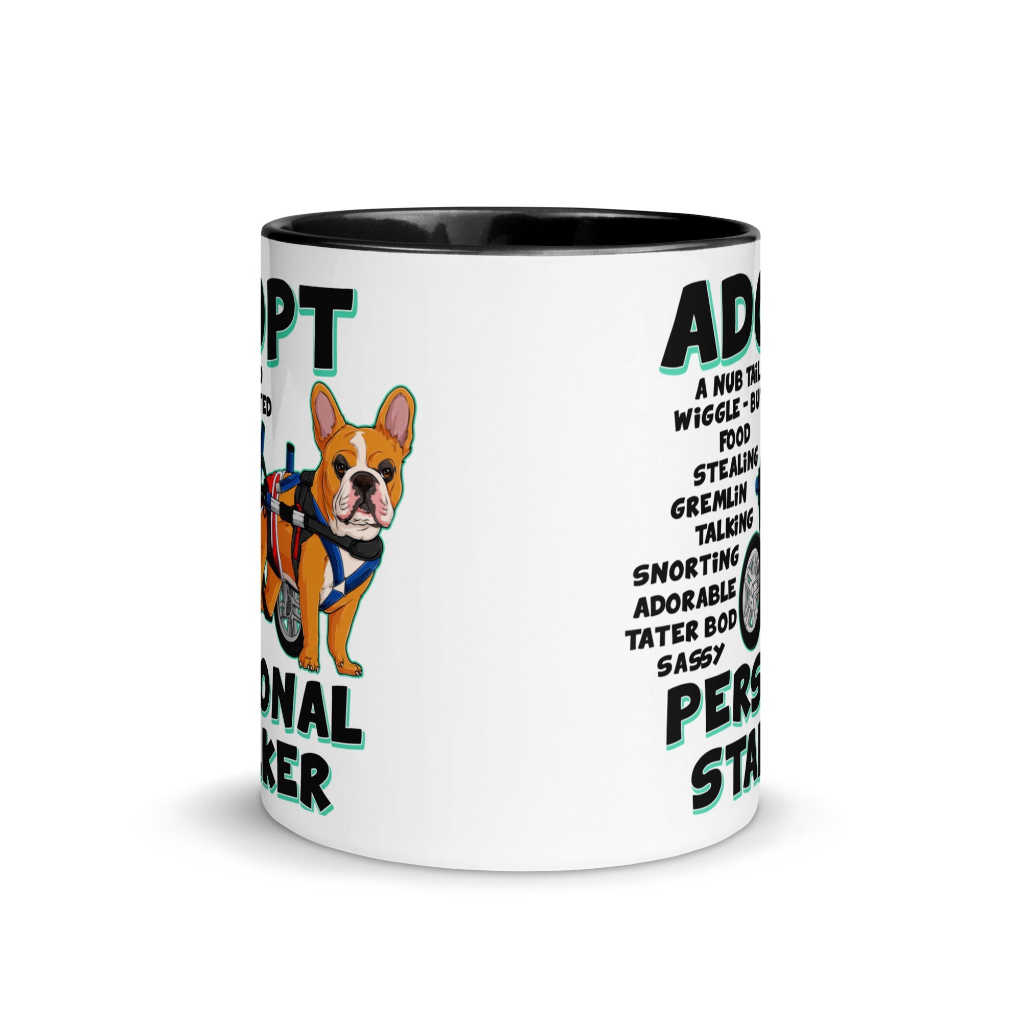 "Adopt A Personal Stalker" Male French Bulldog Mug | Red & White Colored with Spina Bifida in Wheelchair