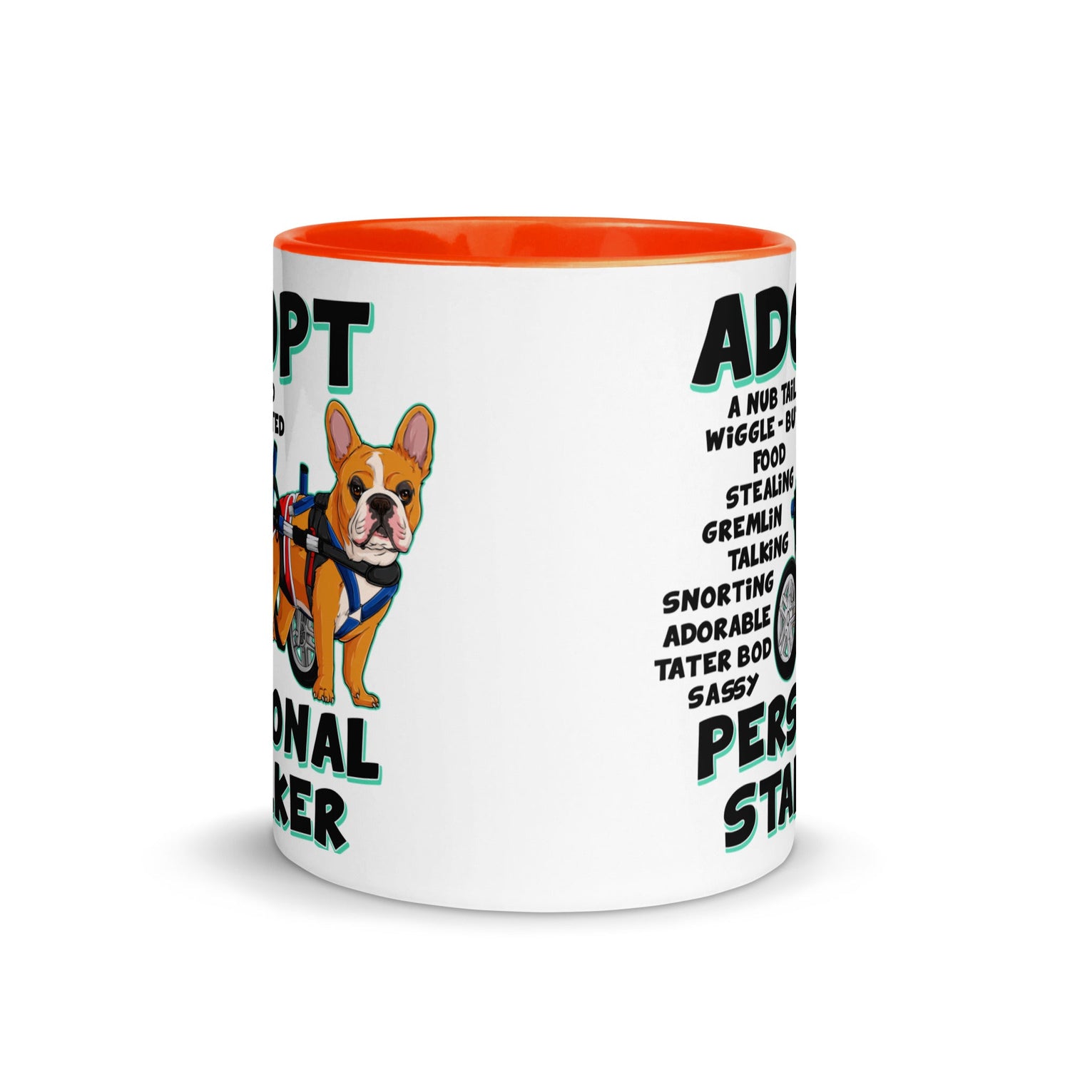 "Adopt A Personal Stalker" Male French Bulldog Mug | Red & White Colored with Spina Bifida in Wheelchair