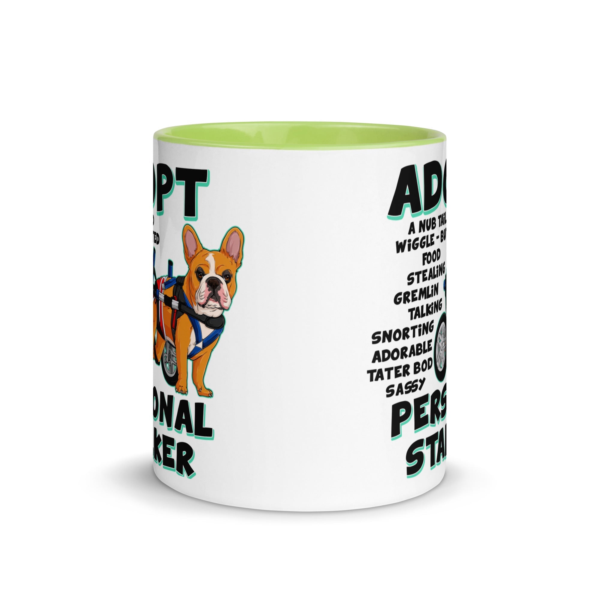 "Adopt A Personal Stalker" Male French Bulldog Mug | Red & White Colored with Spina Bifida in Wheelchair