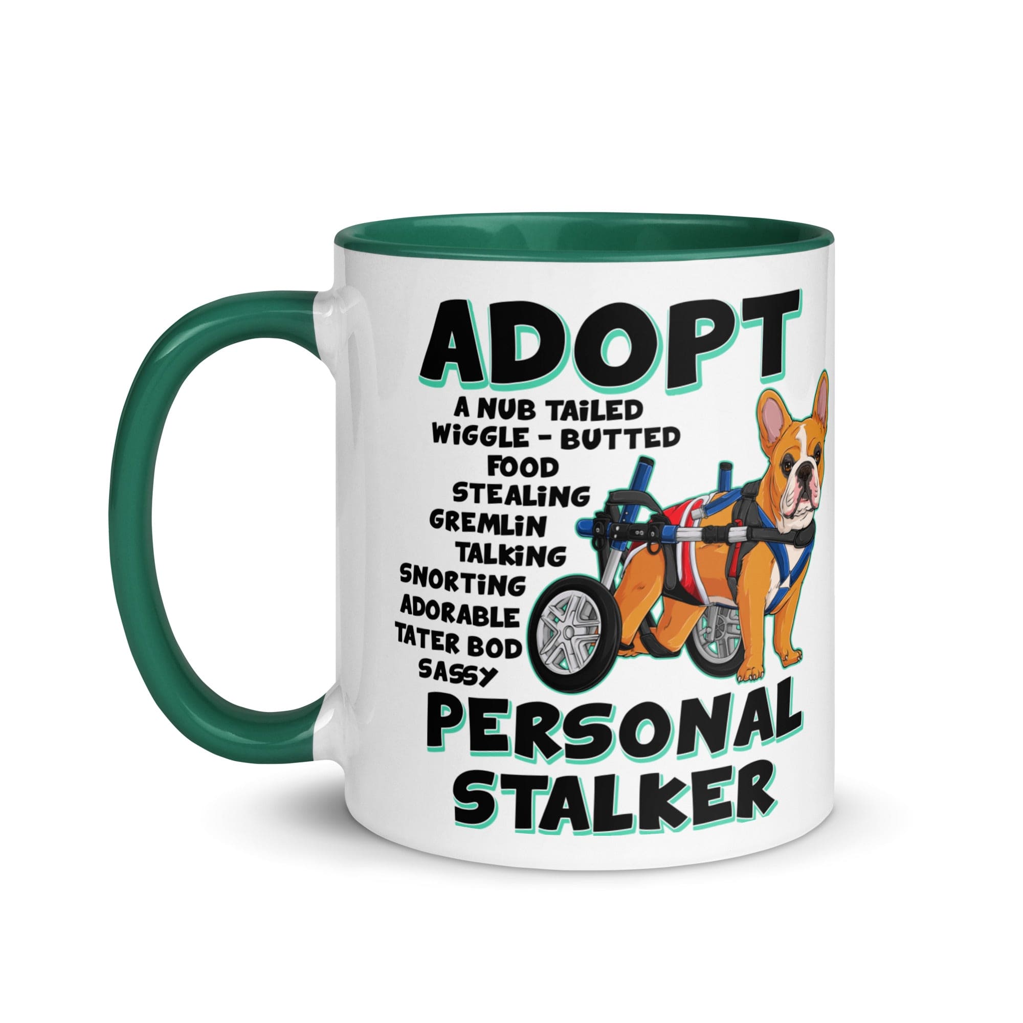 "Adopt A Personal Stalker" Male French Bulldog Mug | Red & White Colored with Spina Bifida in Wheelchair