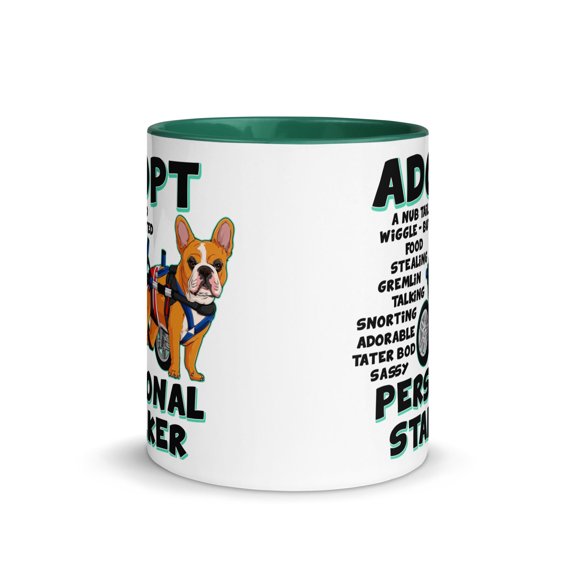 "Adopt A Personal Stalker" Male French Bulldog Mug | Red & White Colored with Spina Bifida in Wheelchair