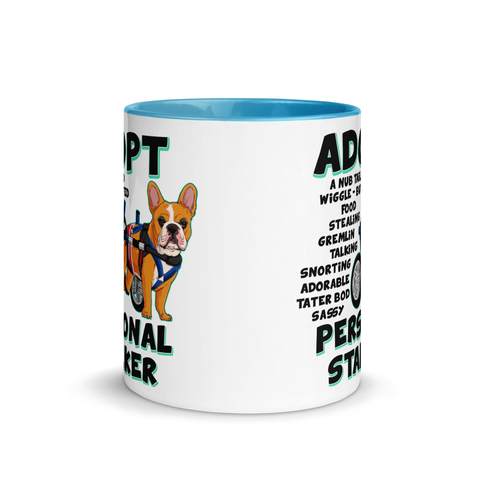 "Adopt A Personal Stalker" Male French Bulldog Mug | Red & White Colored with Spina Bifida in Wheelchair