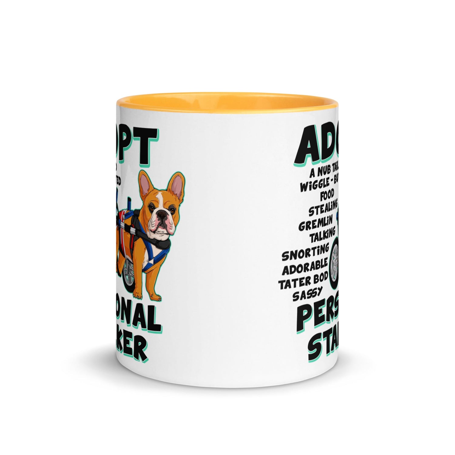"Adopt A Personal Stalker" Male French Bulldog Mug | Red & White Colored with Spina Bifida in Wheelchair