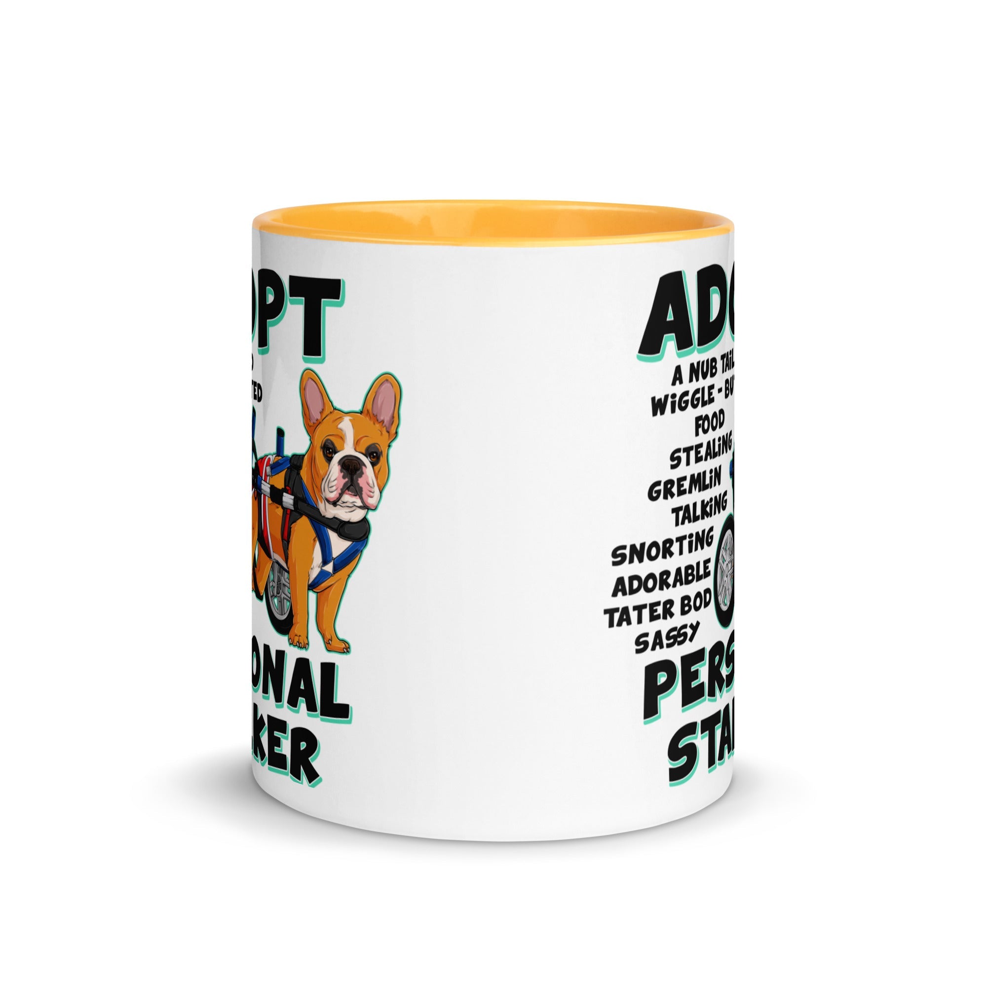 "Adopt A Personal Stalker" Male French Bulldog Mug | Red & White Colored with Spina Bifida in Wheelchair