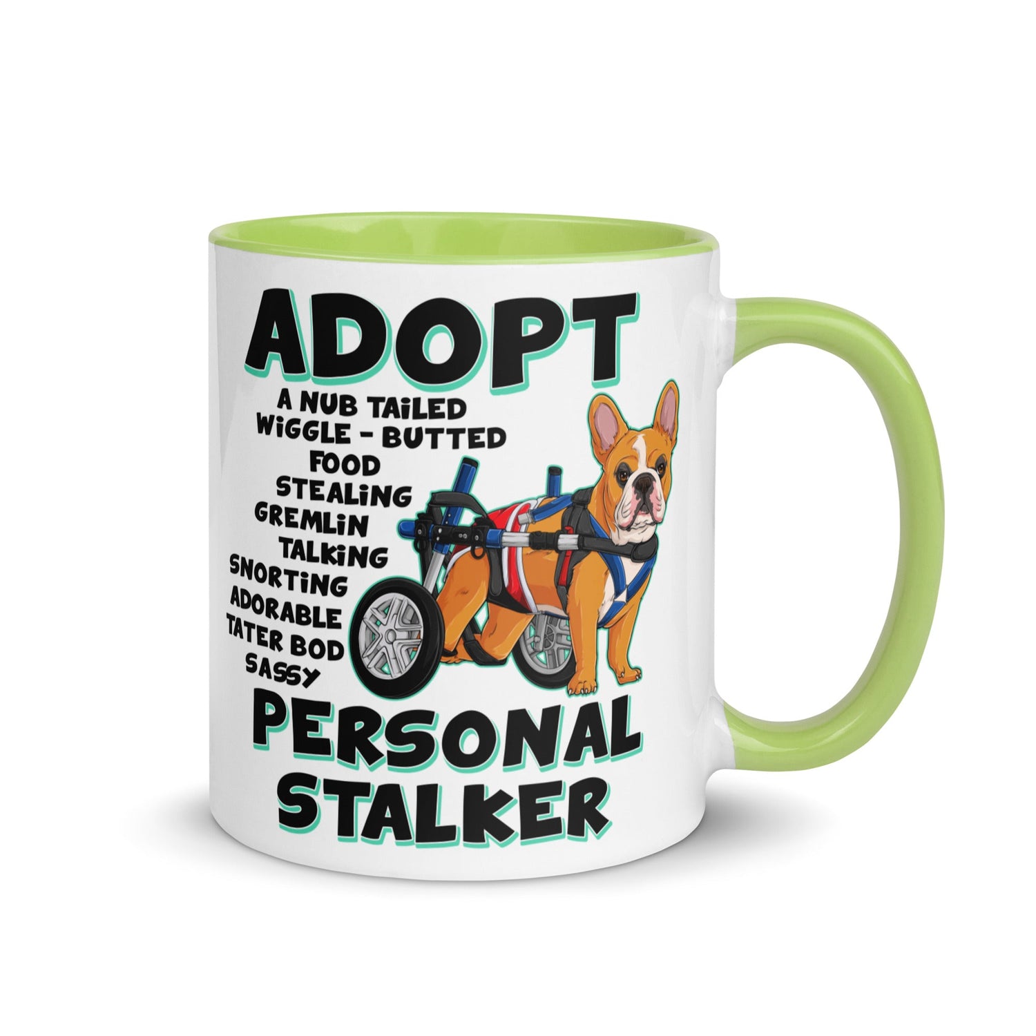 "Adopt A Personal Stalker" Male French Bulldog Mug | Red & White Colored with Spina Bifida in Wheelchair