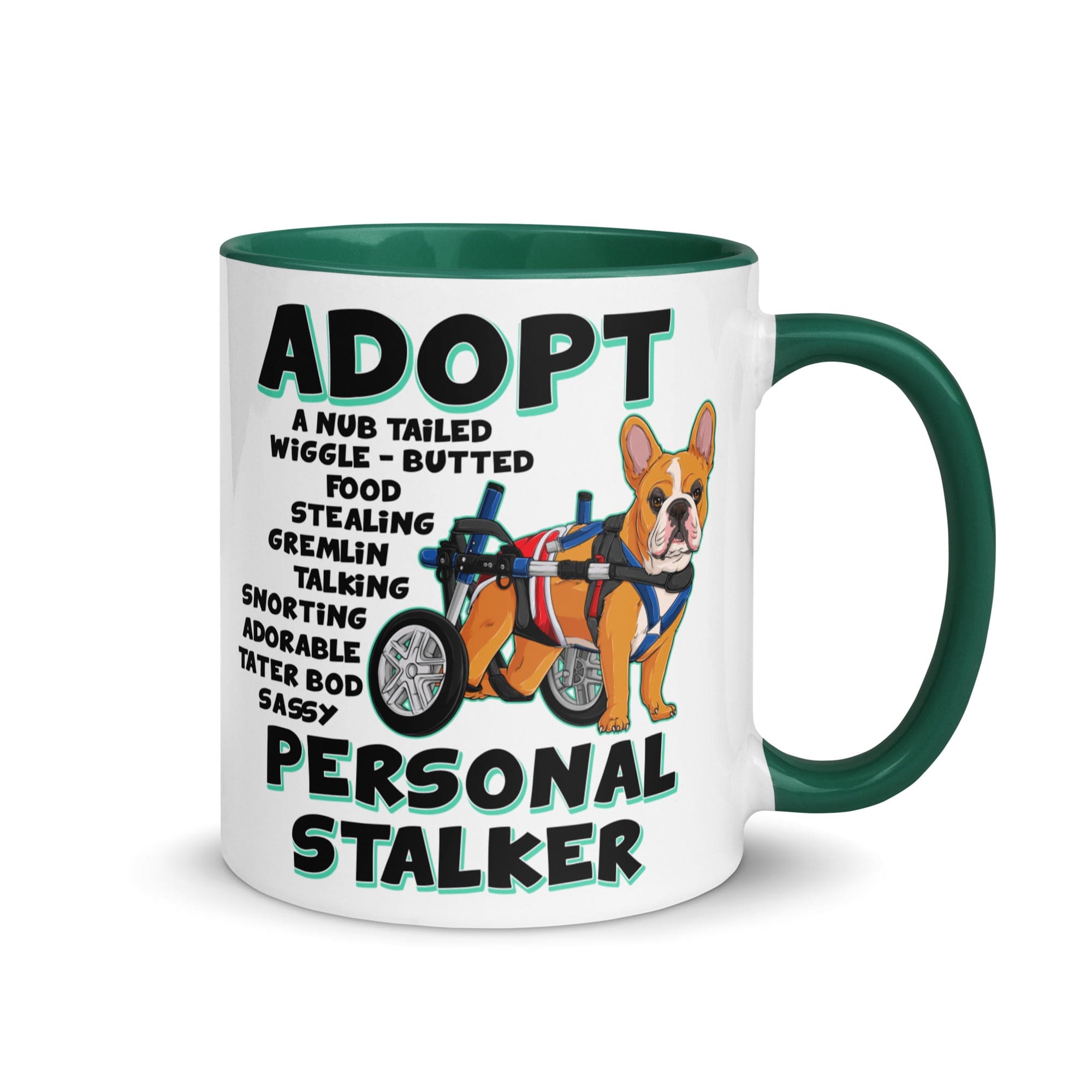 "Adopt A Personal Stalker" Male French Bulldog Mug | Red & White Colored with Spina Bifida in Wheelchair