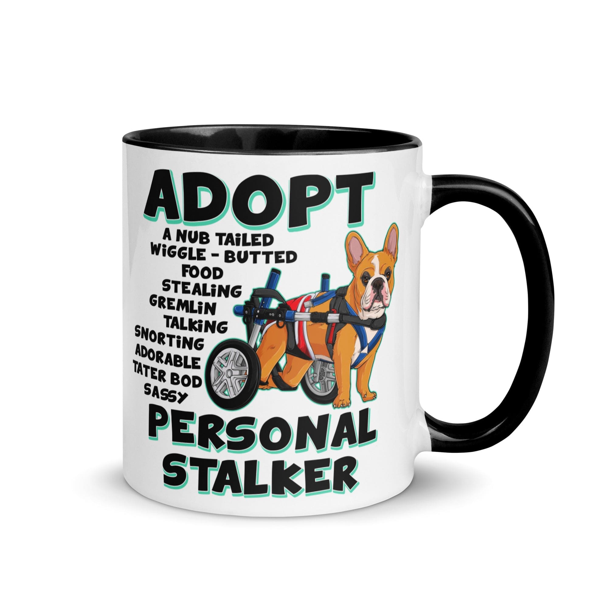 "Adopt A Personal Stalker" Male French Bulldog Mug | Red & White Colored with Spina Bifida in Wheelchair