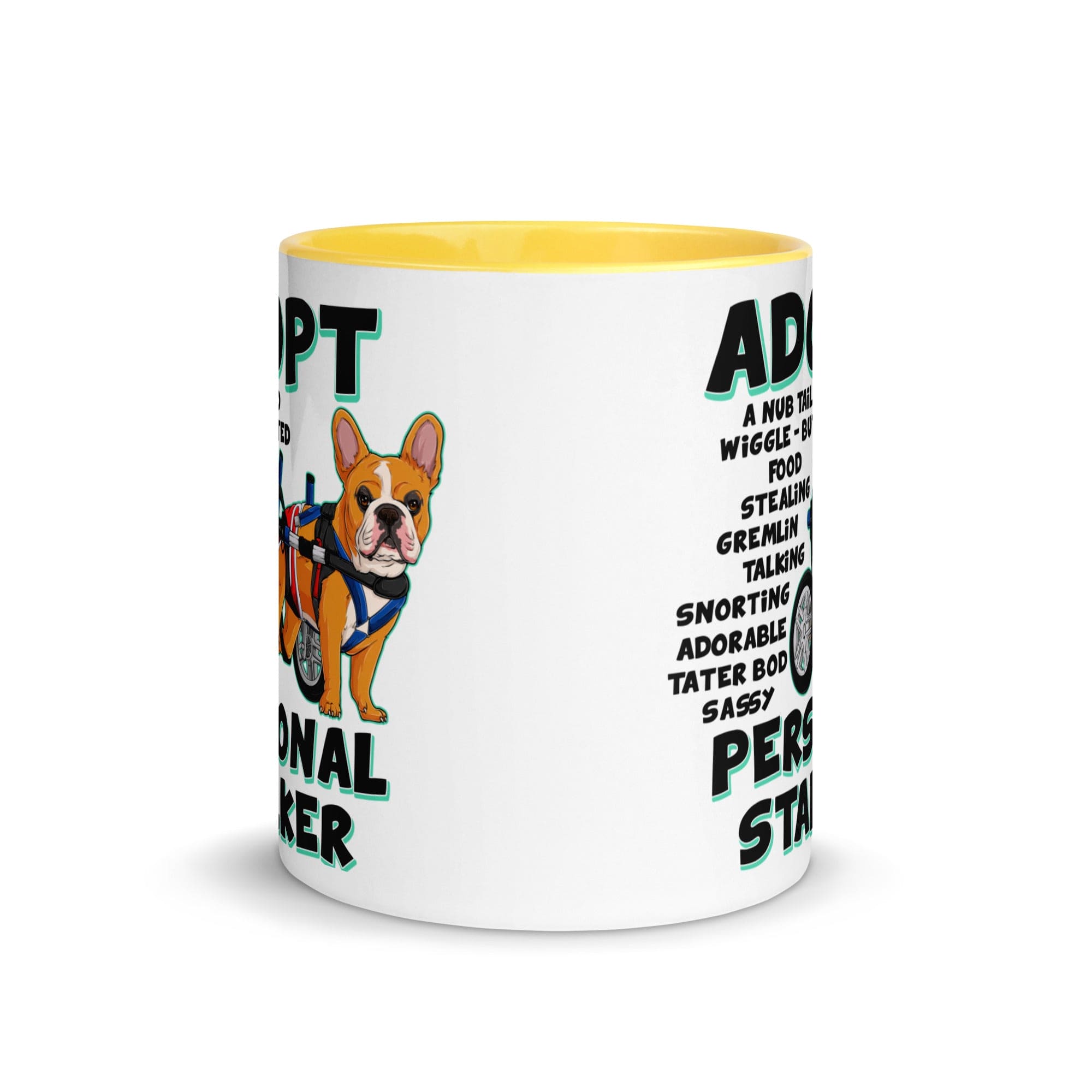 "Adopt A Personal Stalker" Male French Bulldog Mug | Red & White Colored with Spina Bifida in Wheelchair