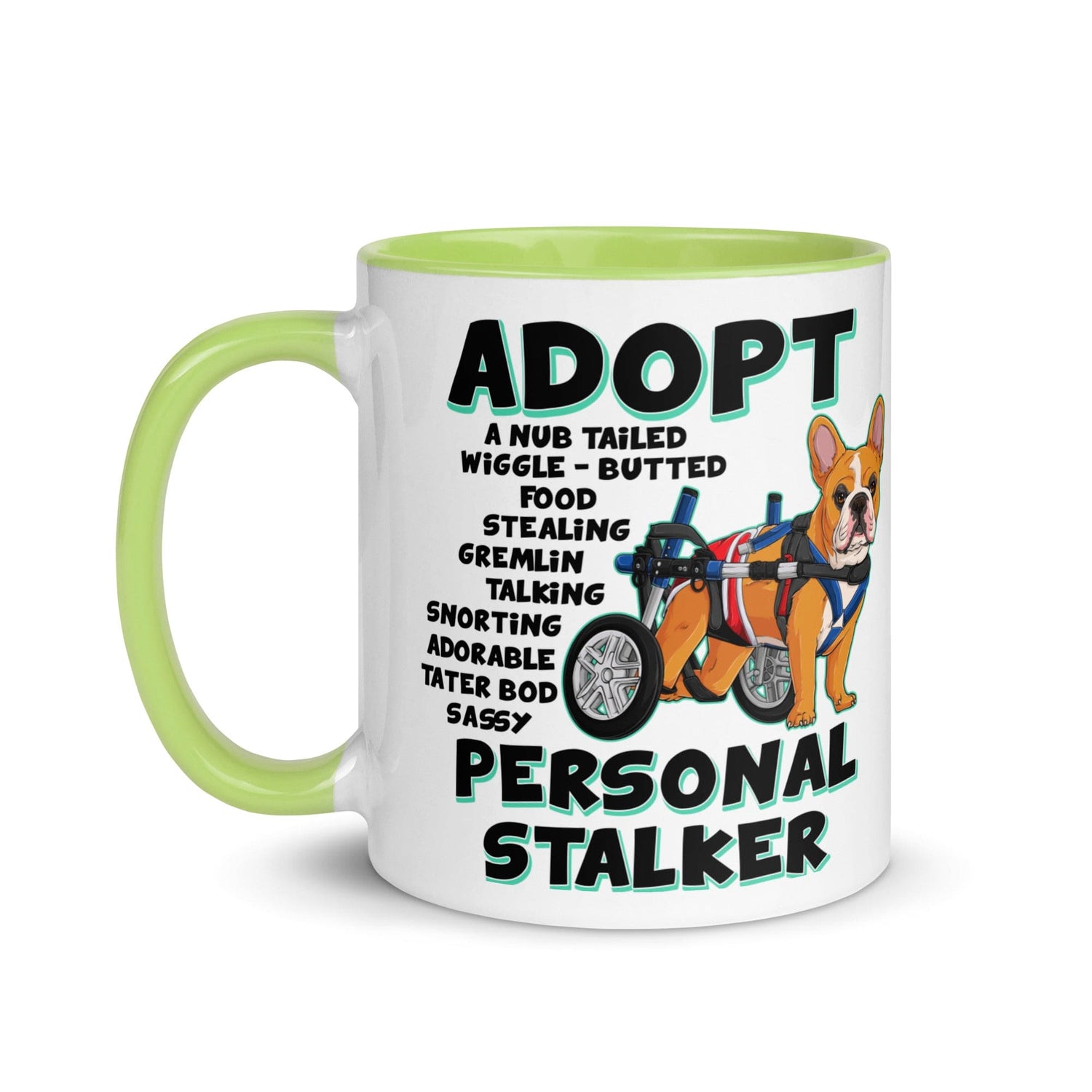 "Adopt A Personal Stalker" Male French Bulldog Mug | Red & White Colored with Spina Bifida in Wheelchair