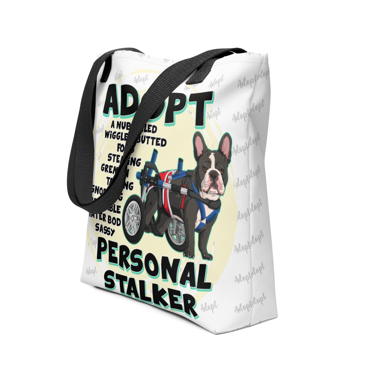 "Adopt A Personal Stalker" Male French Bulldog Tote Bag | B&W Colored with Spina Bifida in Wheelchair