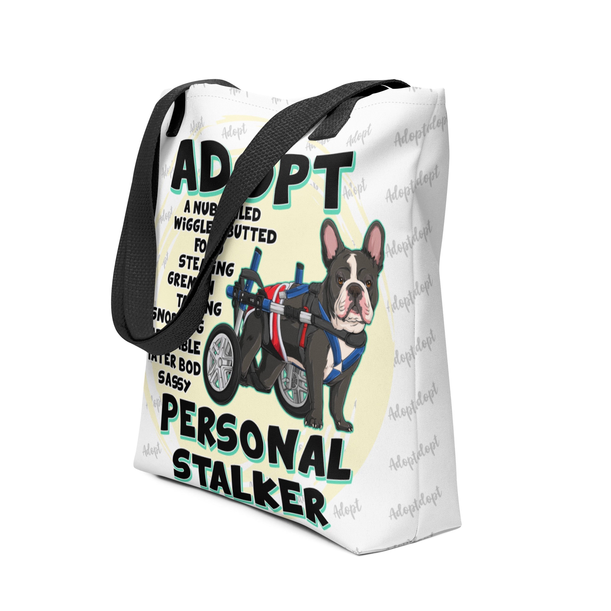 "Adopt A Personal Stalker" Male French Bulldog Tote Bag | B&W Colored with Spina Bifida in Wheelchair