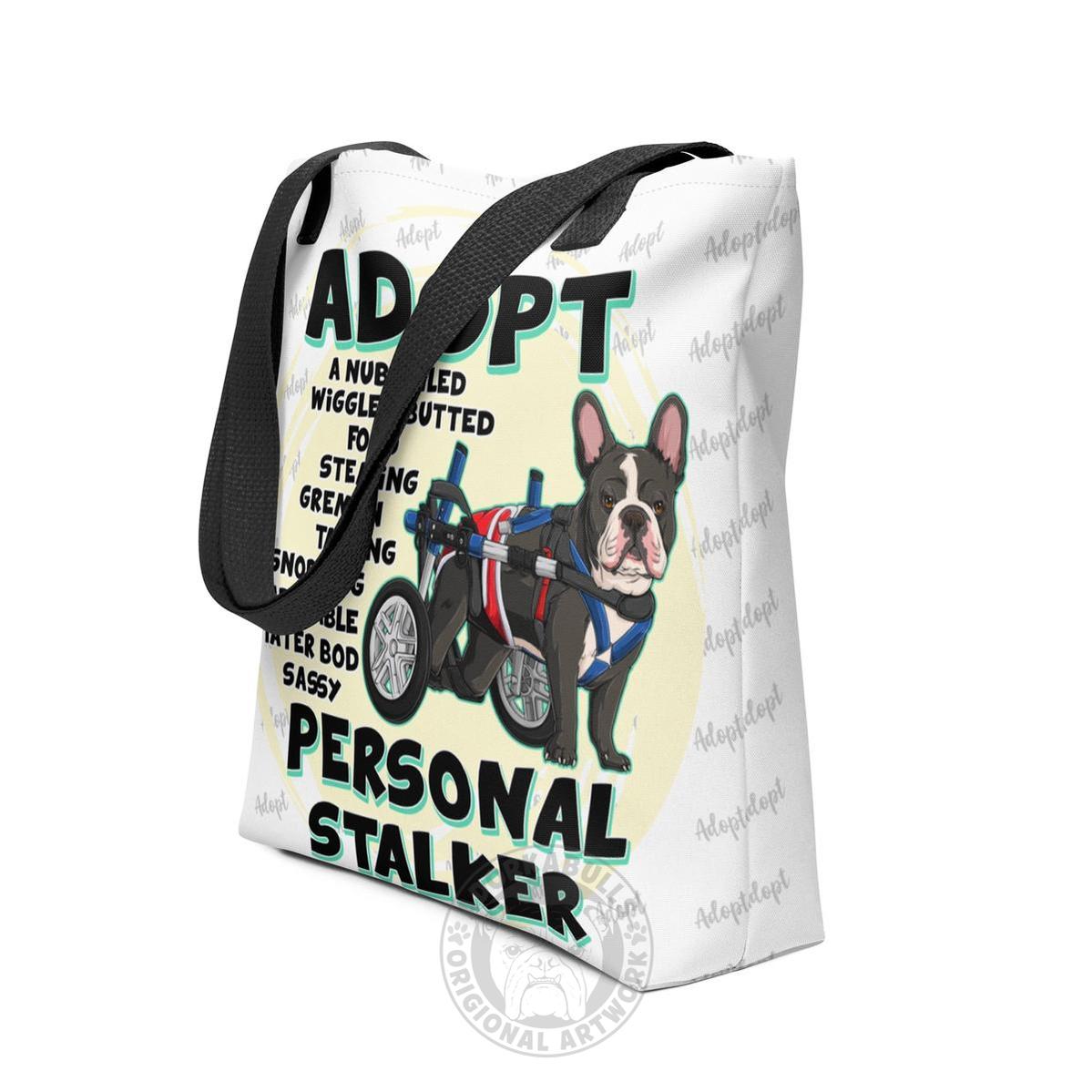 "Adopt A Personal Stalker" Male French Bulldog Tote Bag | B&W Colored with Spina Bifida in Wheelchair
