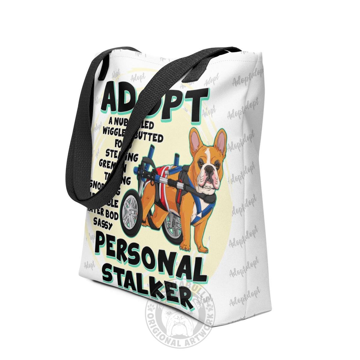 "Adopt A Personal Stalker" Male French Bulldog Tote Bag | Red & White Colored with Spina Bifida in Wheelchair