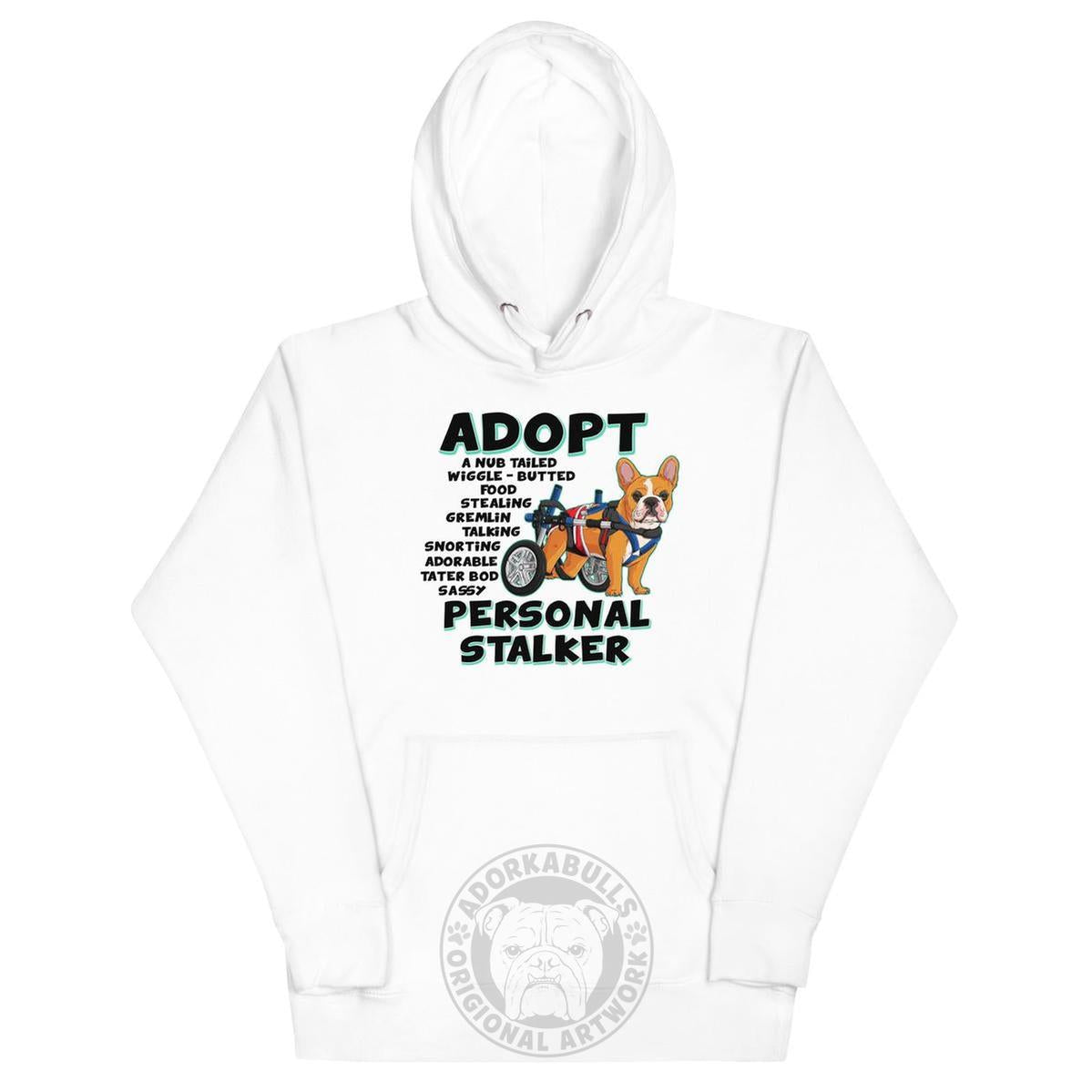 "Adopt A Personal Stalker" Male French Bulldog Unisex Hoodie | Red & White Colored with Spina Bifida in Wheelchair
