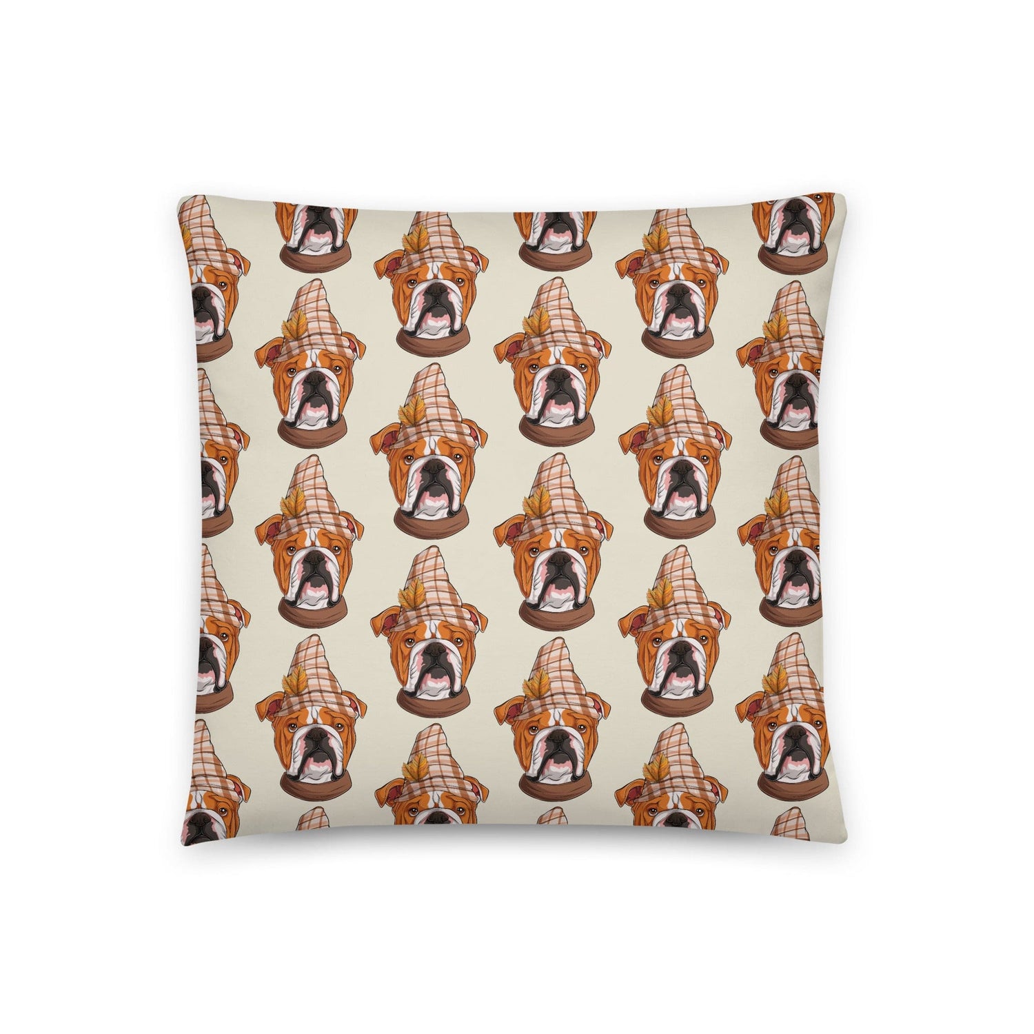 Thanksgiving Bulldog with Falling Leaves Throw Pillow | Red & White Colored Male