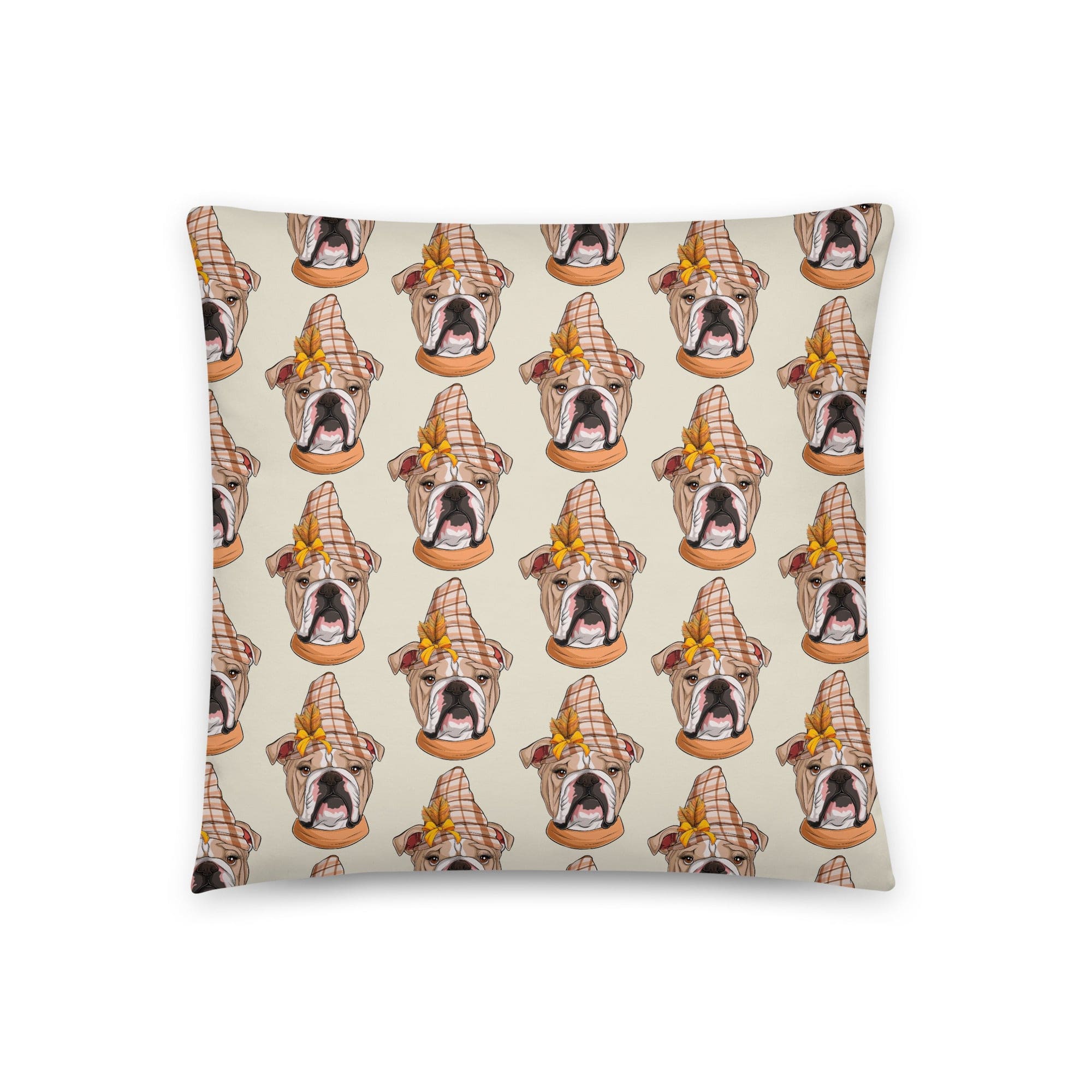 Thanksgiving Bulldog with Falling Leaves Throw Pillow | Fawn & White Colored Female