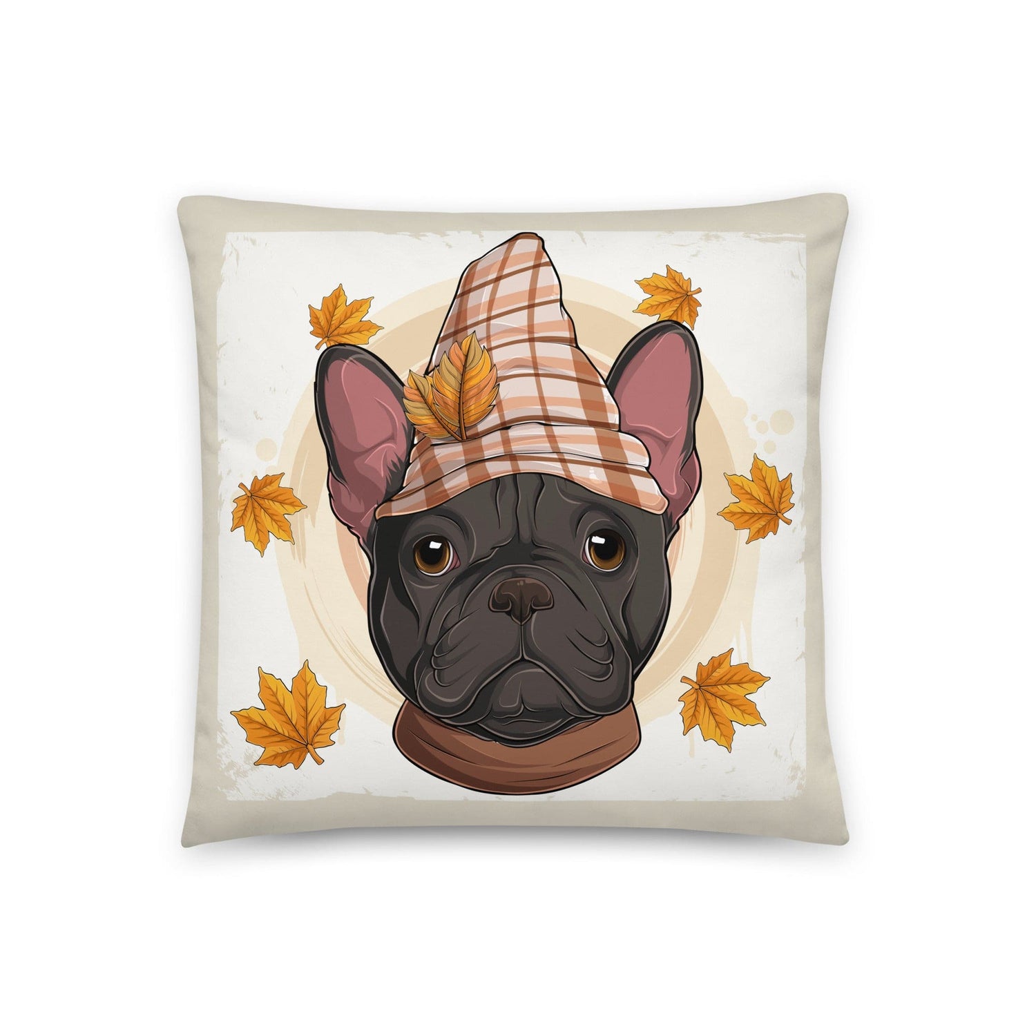 Thanksgiving Frenchie with Falling Leaves Throw Pillow | B&W Colored Male