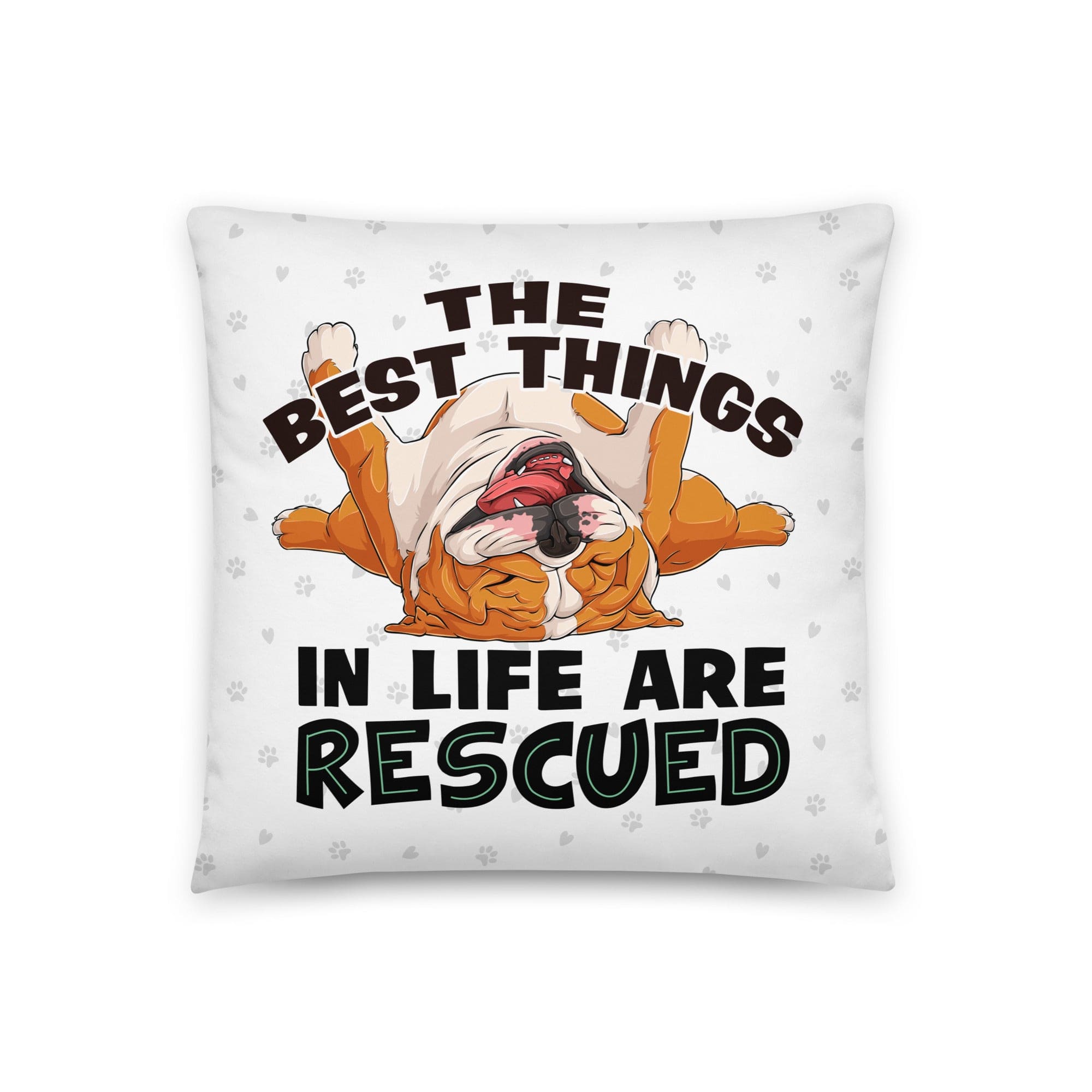 "The Best Things In Life Are Rescued" English Bulldog Throw Pillow | Red & White Colored