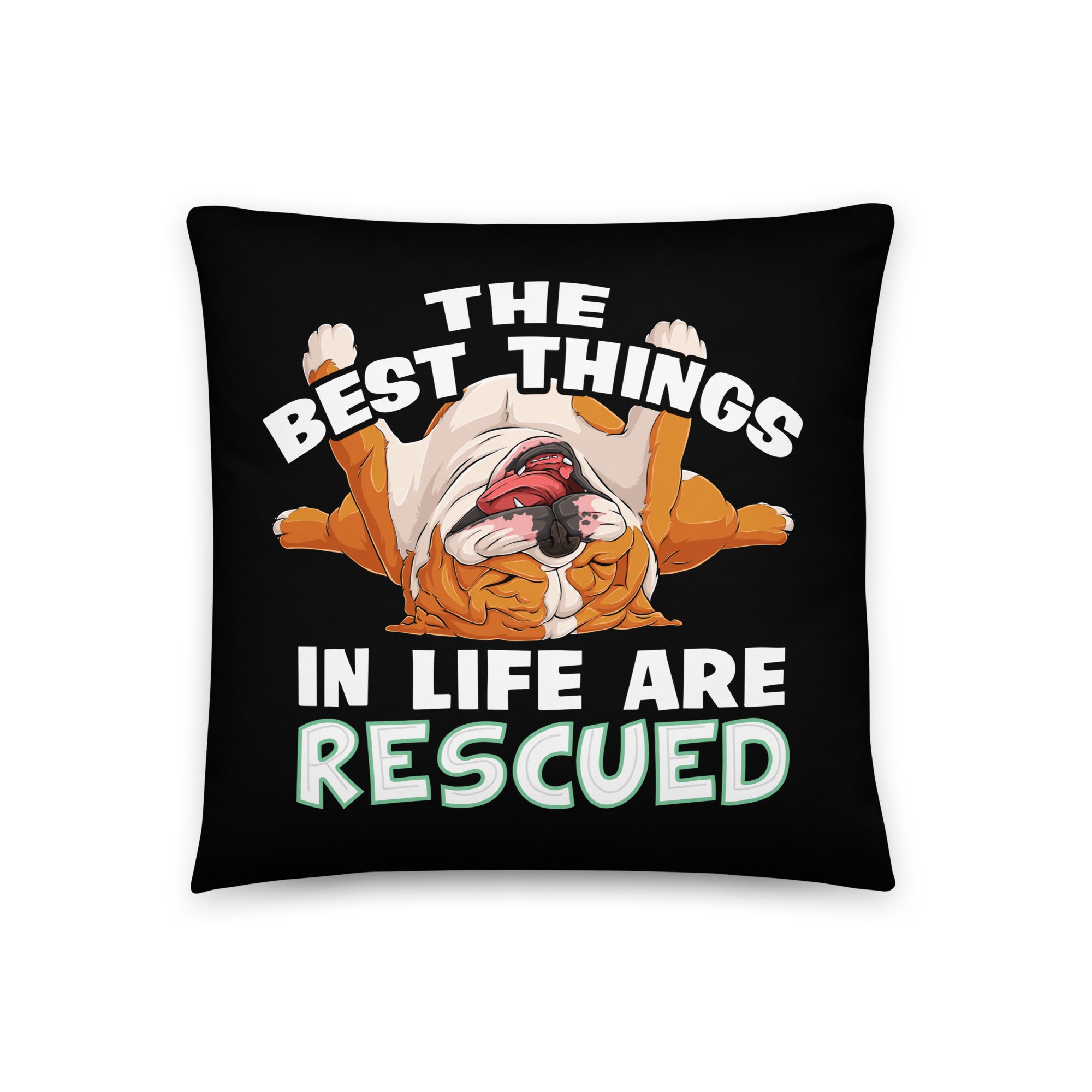 "The Best Things In Life Are Rescued" English Bulldog Throw Pillow | Red & White Colored