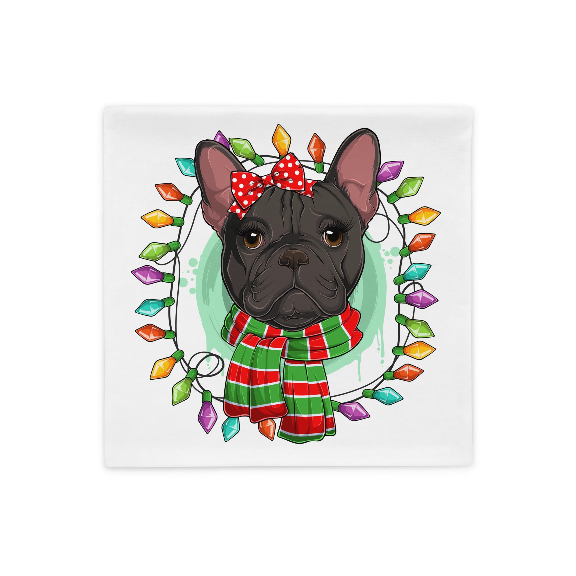Festive Frenchie with Christmas Lights Pillow Case | B&W Colored Female