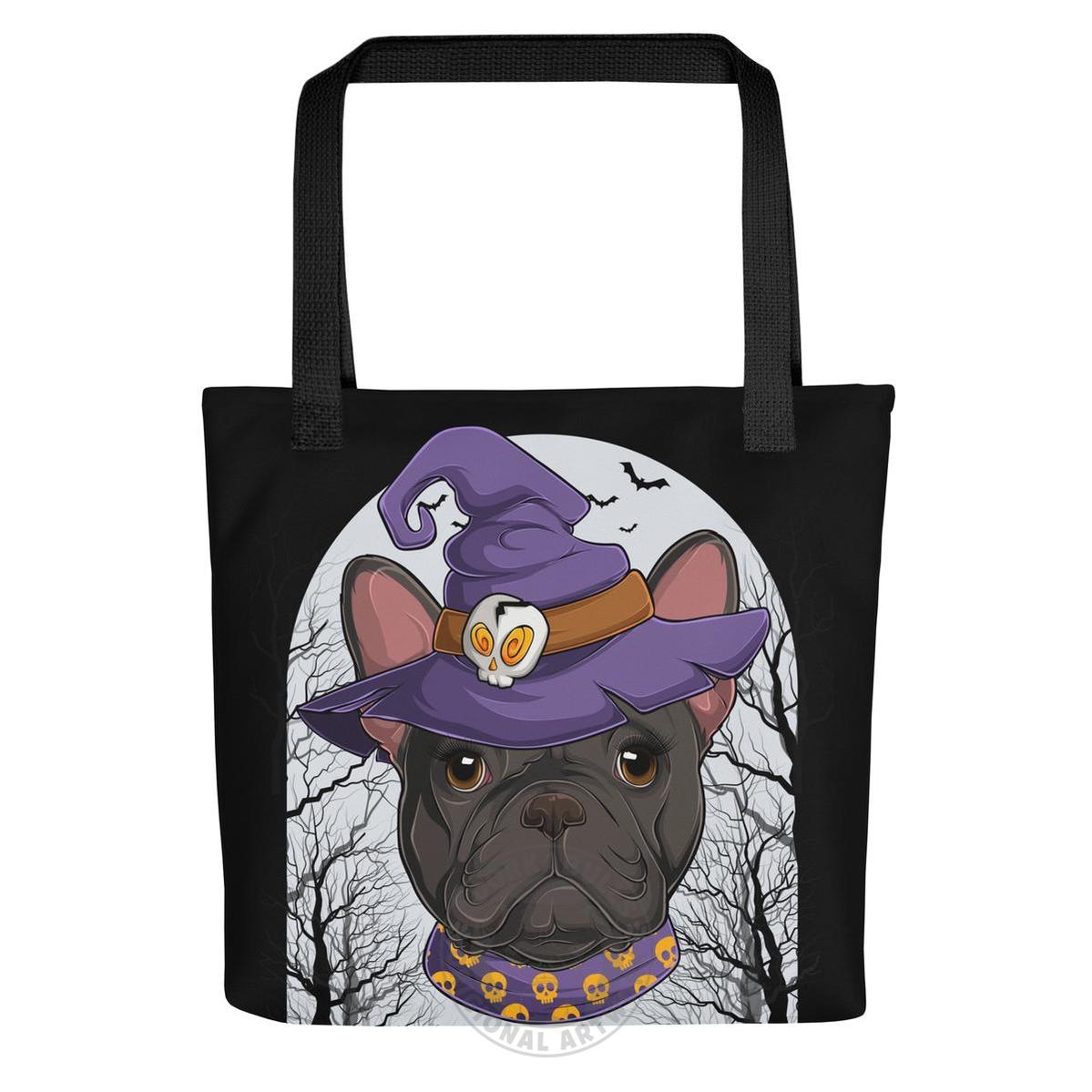 Halloween Witch Female Frenchie Tote Bag | Black & White