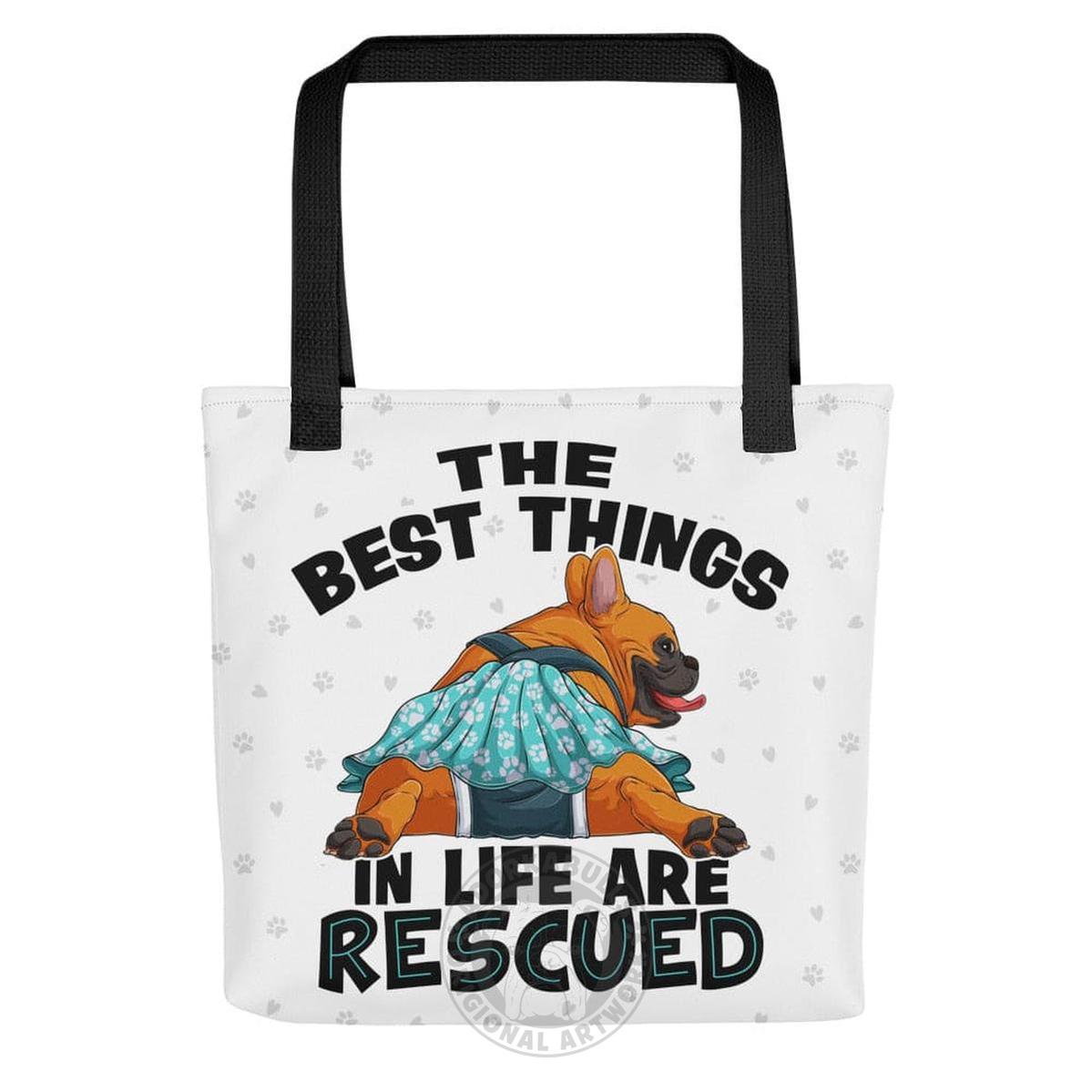 "Best Things in Life are Rescued" Female French Bulldog Tote Bag | Red & White Colored with Spina Bifida