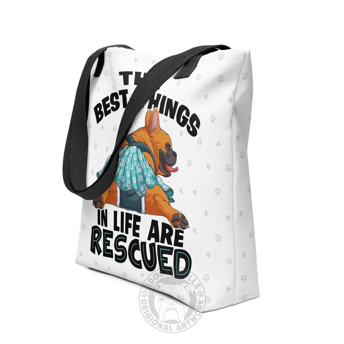 "Best Things in Life are Rescued" Female French Bulldog Tote Bag | Red & White Colored with Spina Bifida