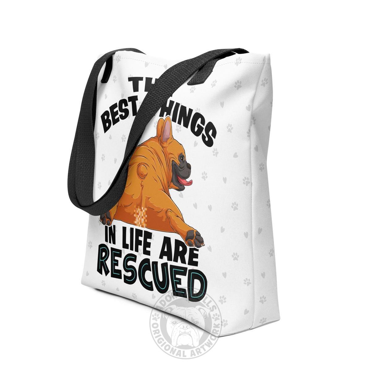 "Best Things in Life are Rescued" French Bulldog Tote Bag | Red & White Colored