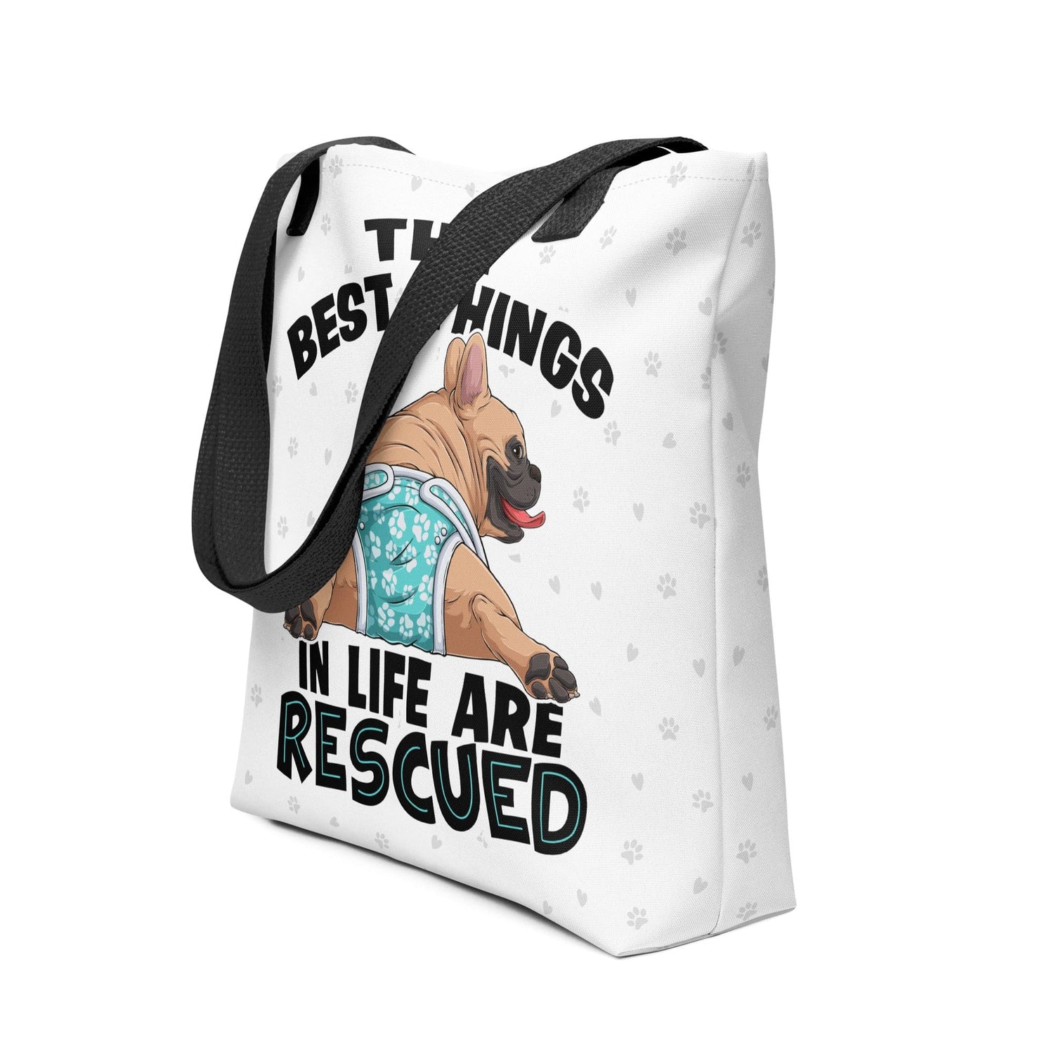 "Best Things in Life are Rescued" Male French Bulldog Tote Bag | Fawn & White Colored with Spina Bifida