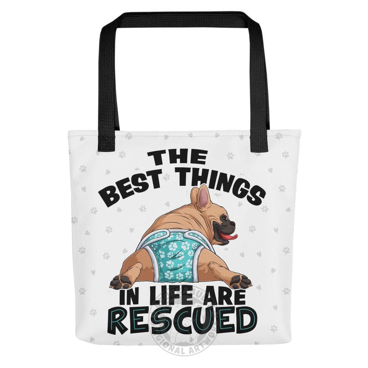 "Best Things in Life are Rescued" Male French Bulldog Tote Bag | Fawn & White Colored with Spina Bifida