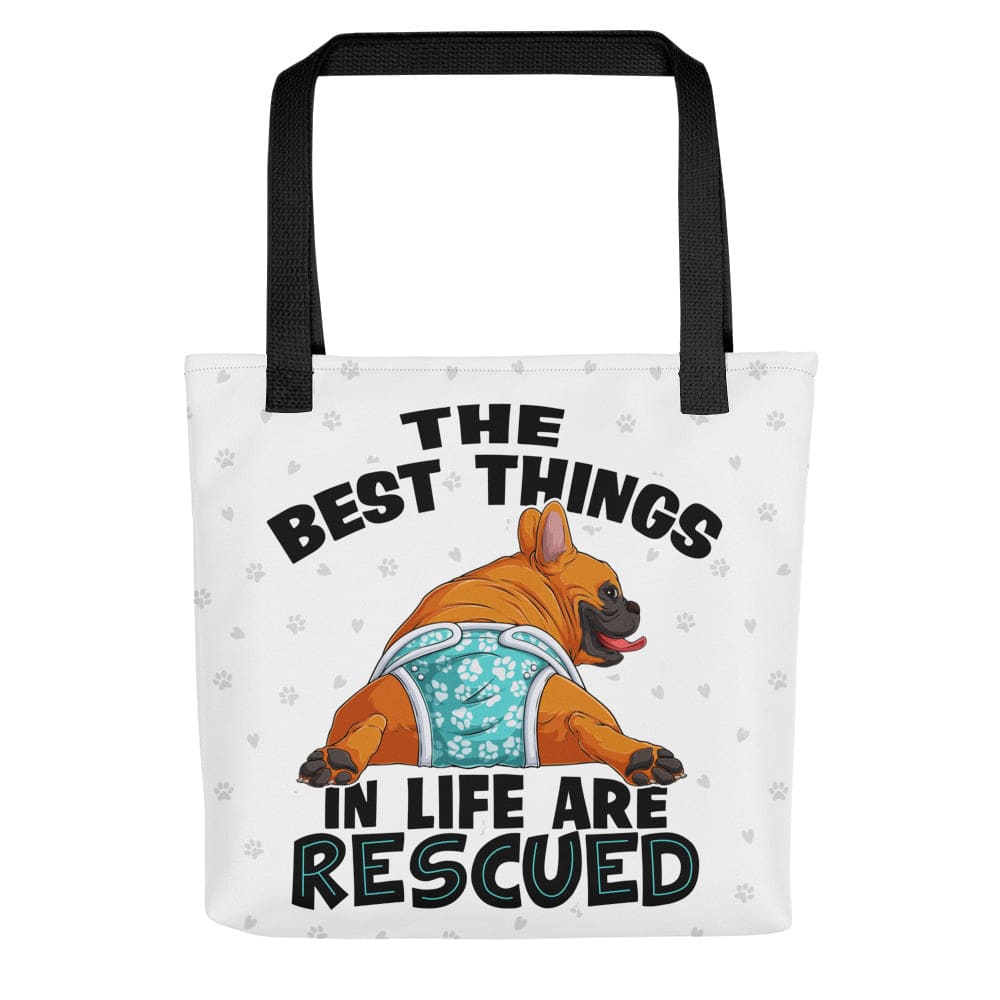 "Best Things in Life are Rescued" Male French Bulldog Tote Bag | Red & White Colored with Spina Bifida