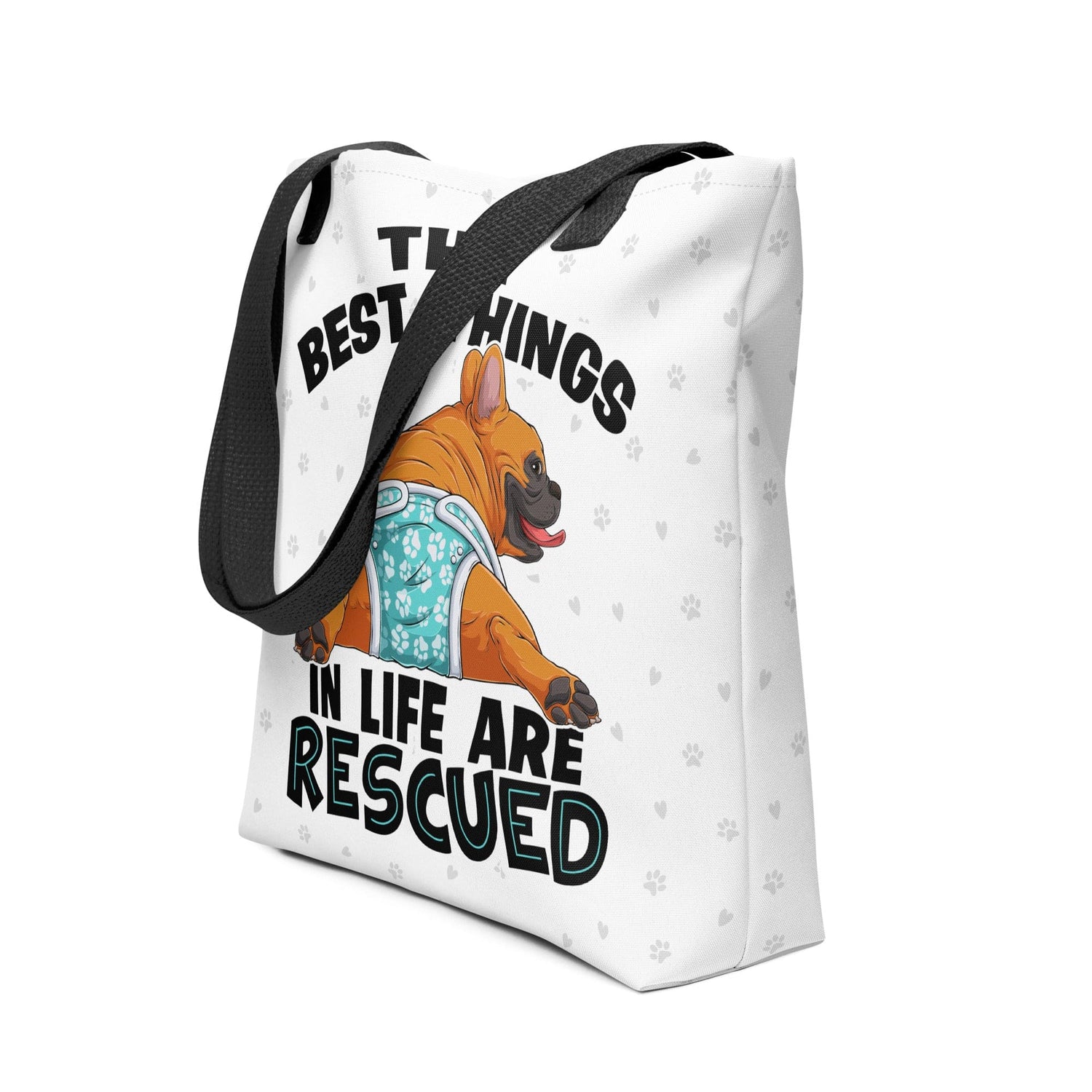 "Best Things in Life are Rescued" Male French Bulldog Tote Bag | Red & White Colored with Spina Bifida