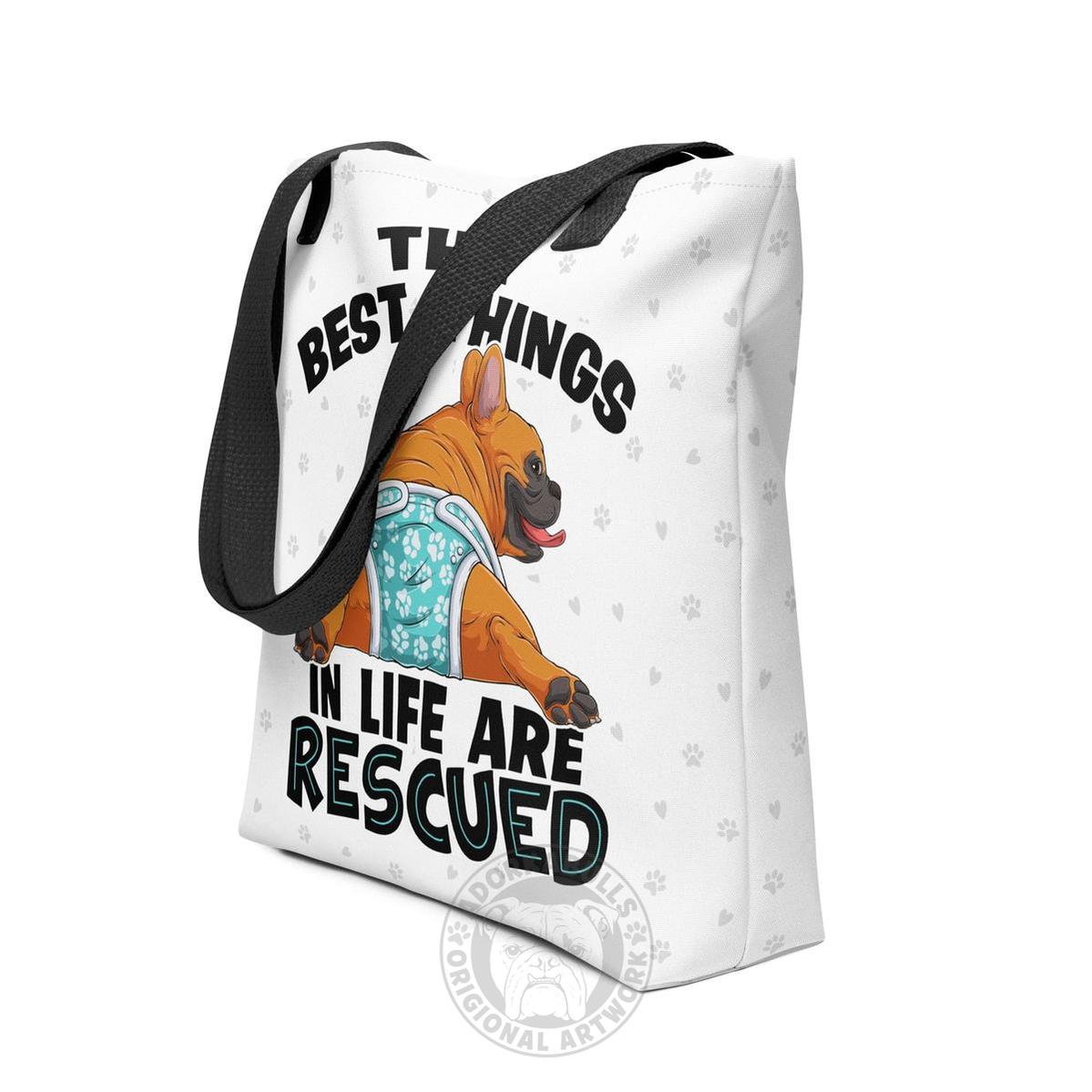 "Best Things in Life are Rescued" Male French Bulldog Tote Bag | Red & White Colored with Spina Bifida