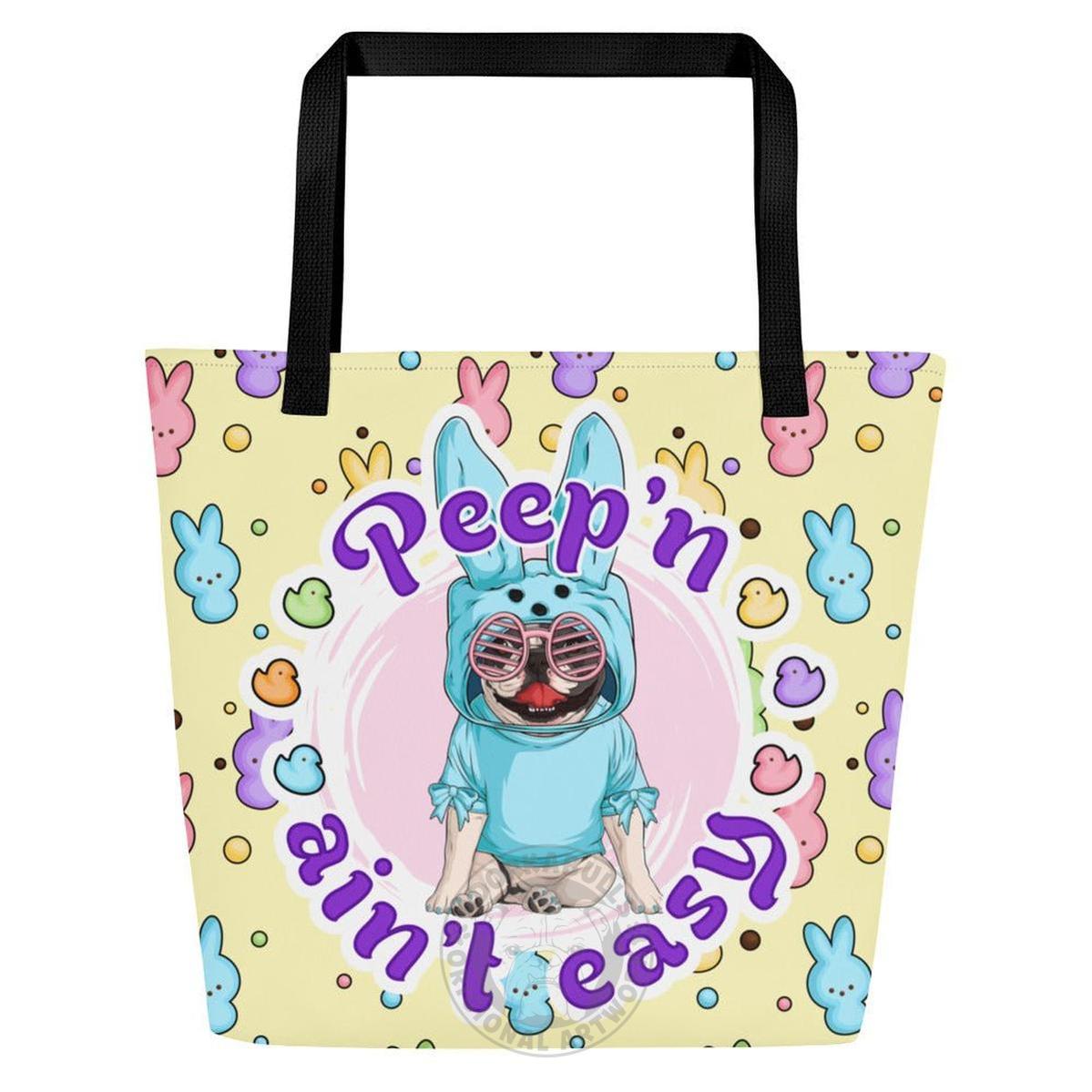 Blue "Peep’n Ain’t Easy" Female Frenchie Tote Bag with Pocket | B&W Colored