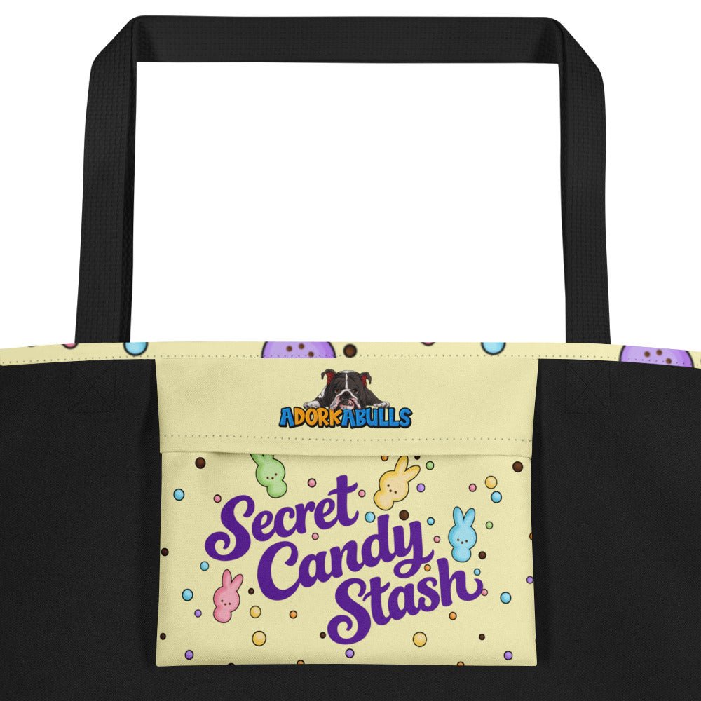 Blue "Peep’n Ain’t Easy" Male Bulldog Tote Bag with Pocket | Fawn & White Colored