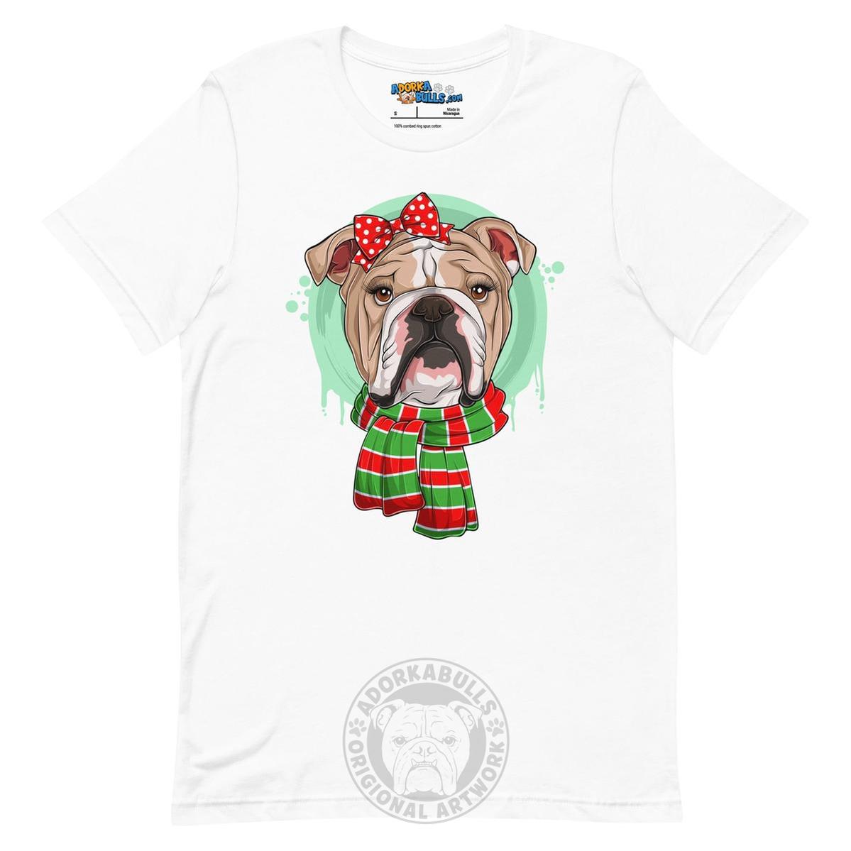 Bulldog in Christmas Scarf Unisex Tee | Fawn & White Colored Female