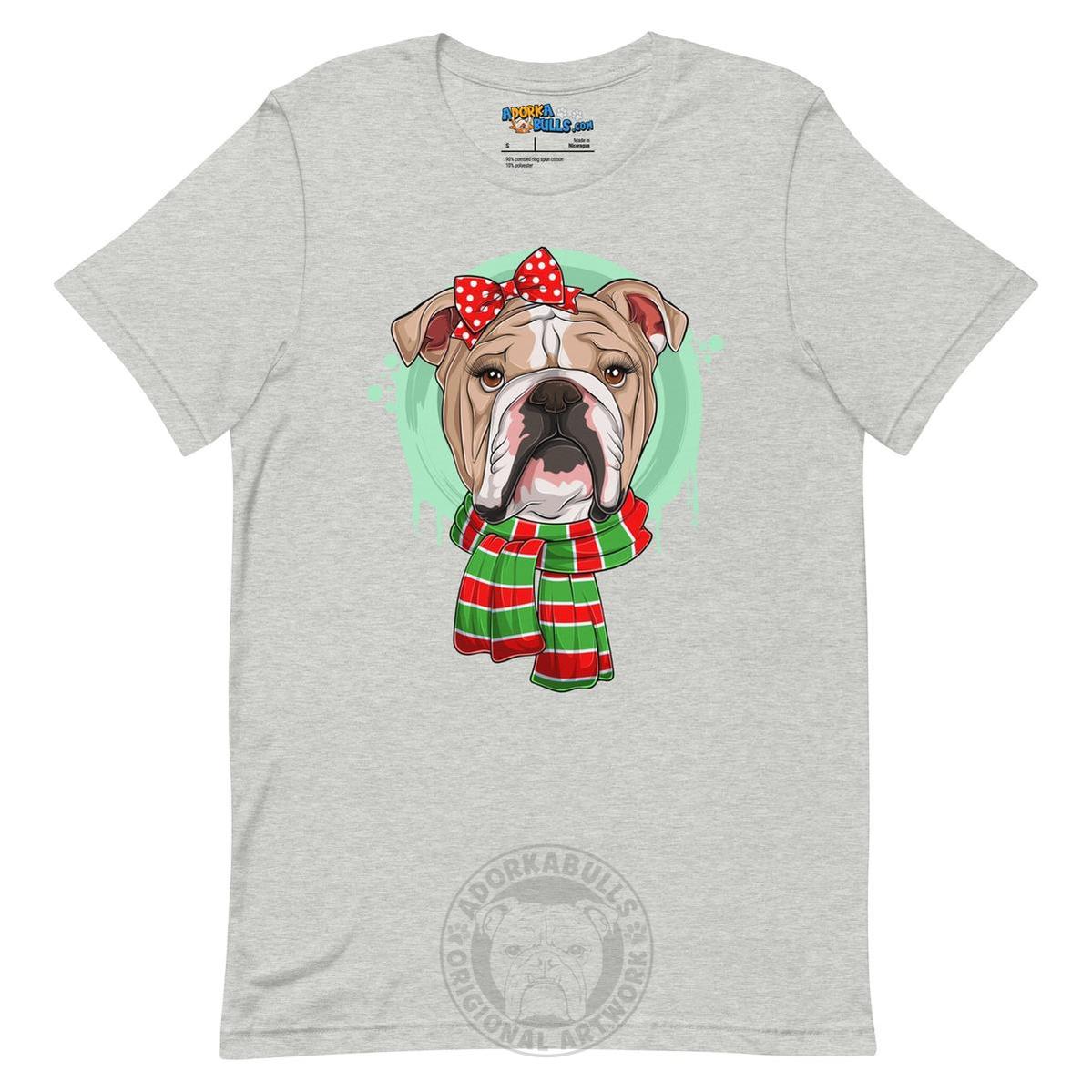 Bulldog in Christmas Scarf Unisex Tee | Fawn & White Colored Female