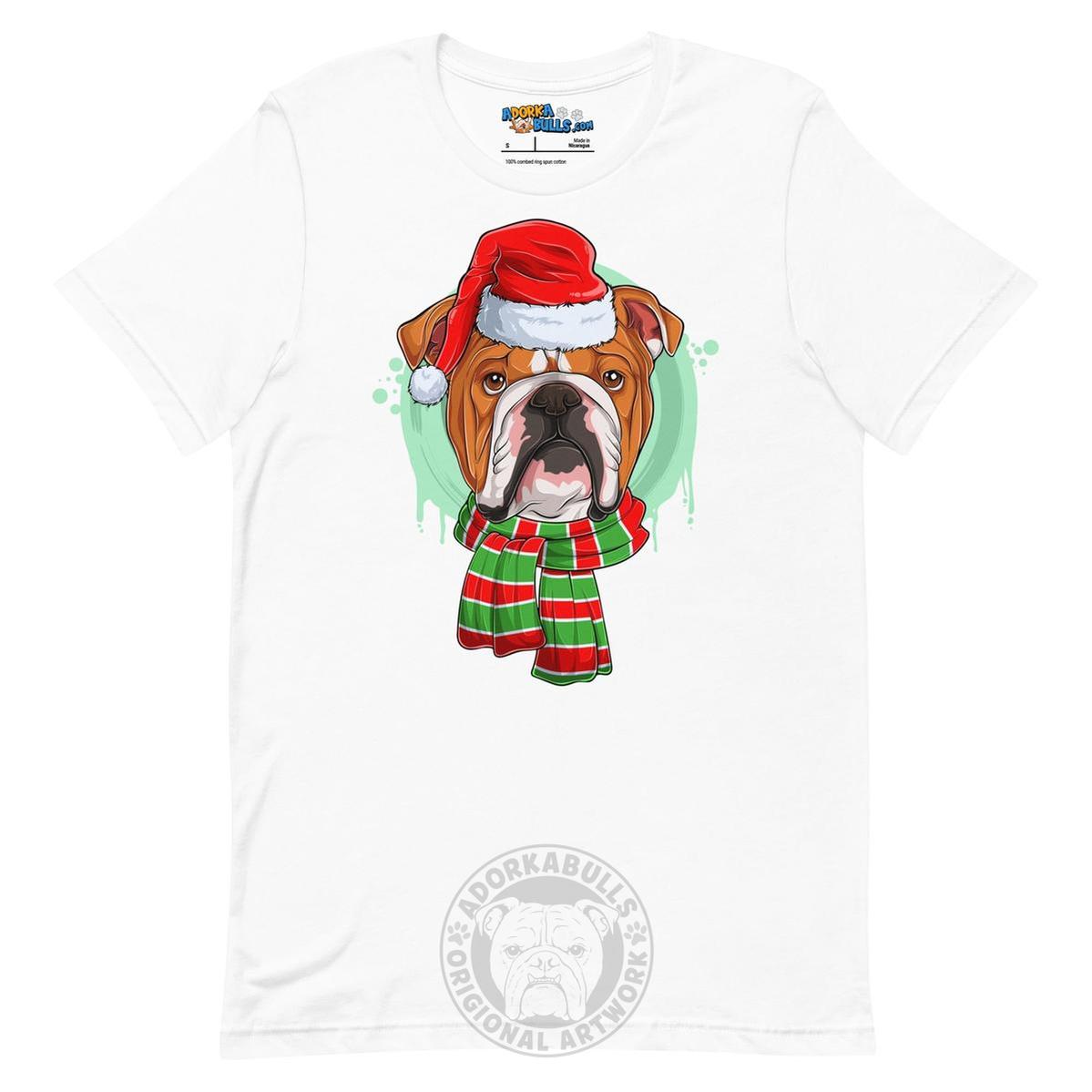 Bulldog in Christmas Scarf Unisex Tee | Red & White Colored Male