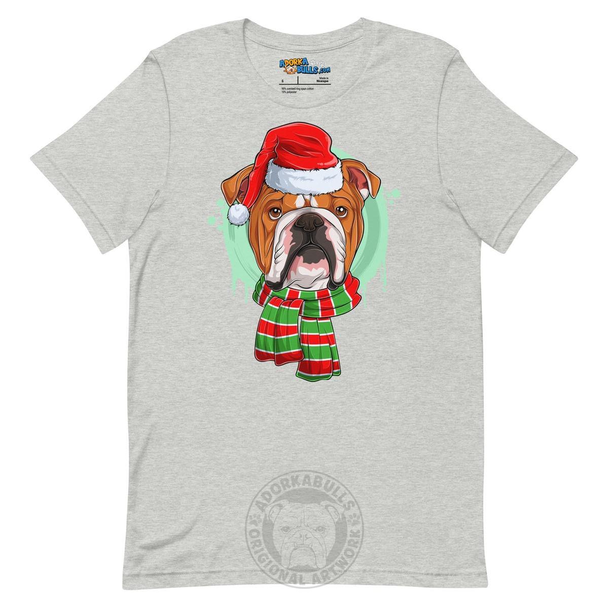 Bulldog in Christmas Scarf Unisex Tee | Red & White Colored Male