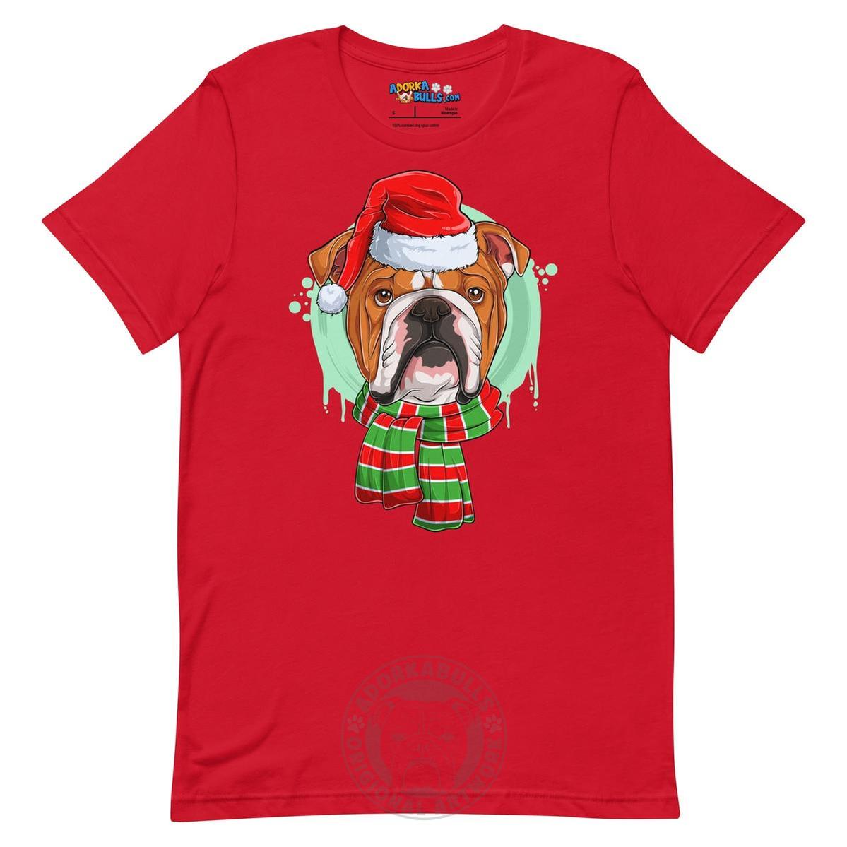 Bulldog in Christmas Scarf Unisex Tee | Red & White Colored Male
