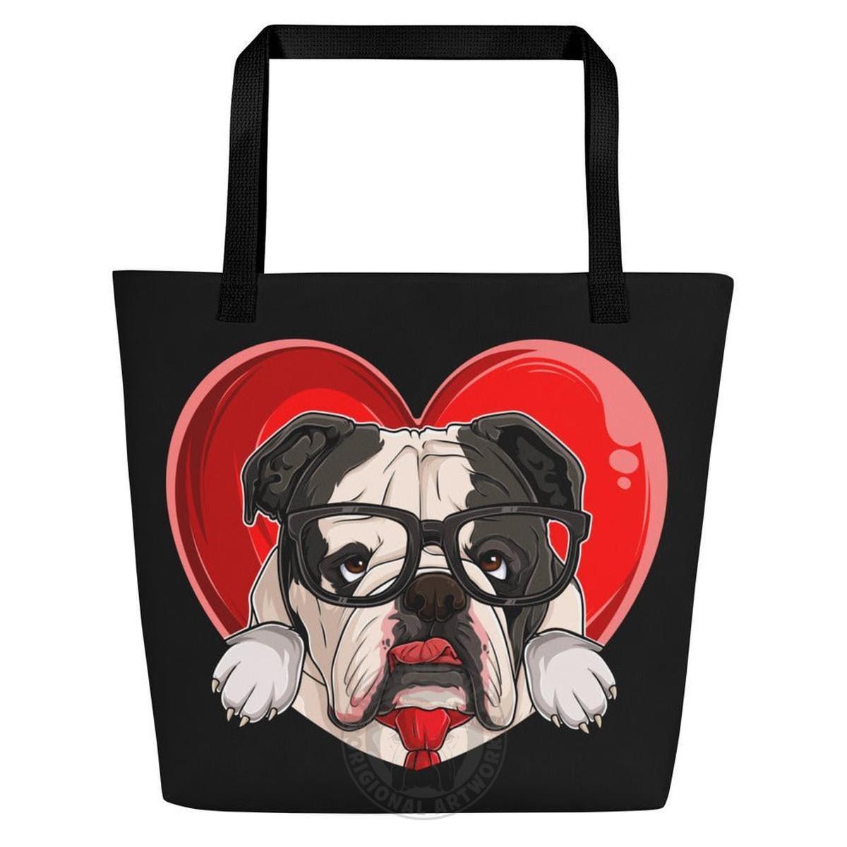 Bulldog “Pop of Love – With a Side of Snacks” Large Tote Bag with Pocket | B&W Colored