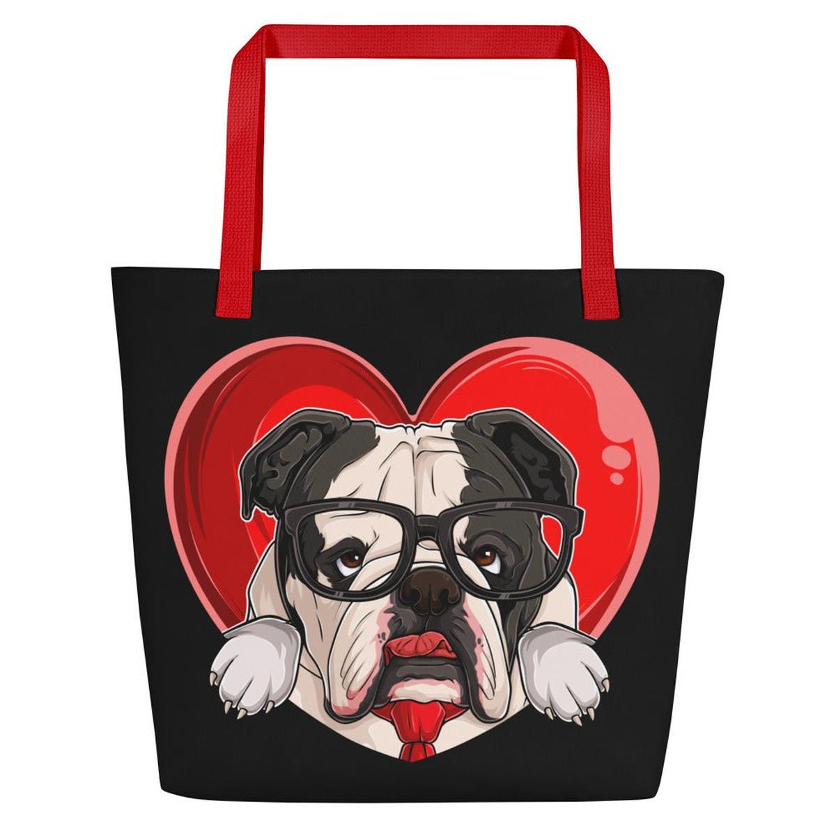 Bulldog “Pop of Love – With a Side of Snacks” Large Tote Bag with Pocket | B&W Colored
