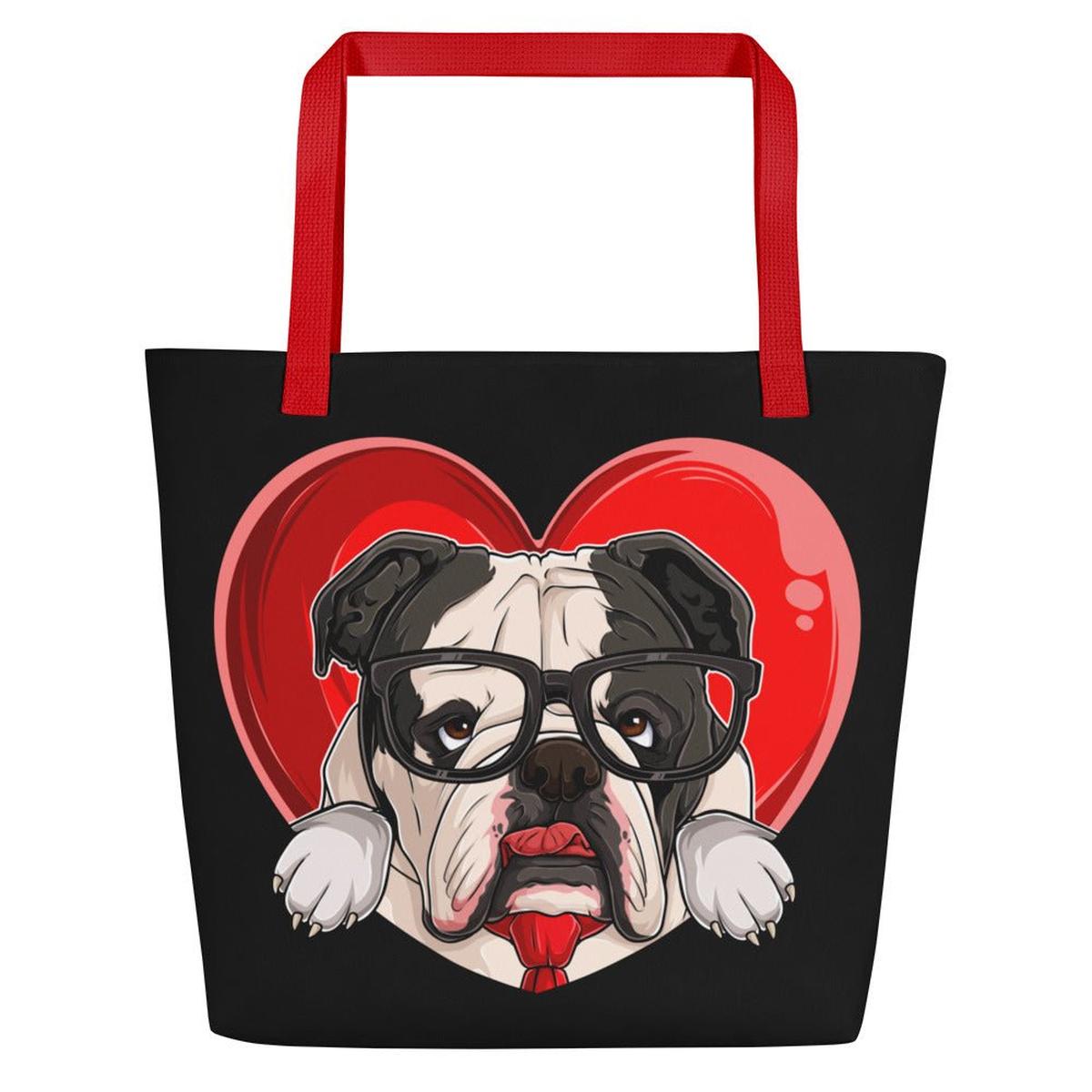 Bulldog “Pop of Love – With a Side of Snacks” Large Tote Bag with Pocket | B&W Colored